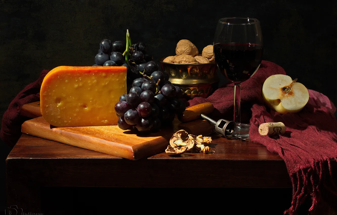Photo wallpaper Apple, cheese, grapes
