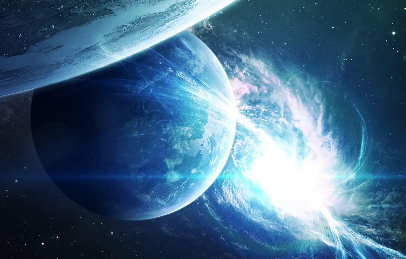Photo wallpaper space, stars, light, nebula, glare, planet, art, light