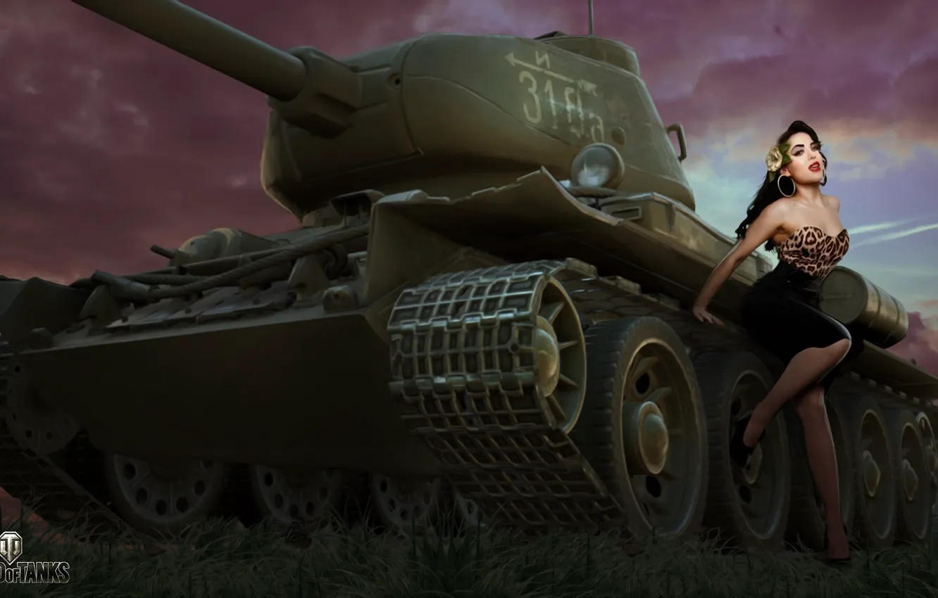 Photo wallpaper girl, figure, art, tank, T-34, Soviet, average, World of Tanks