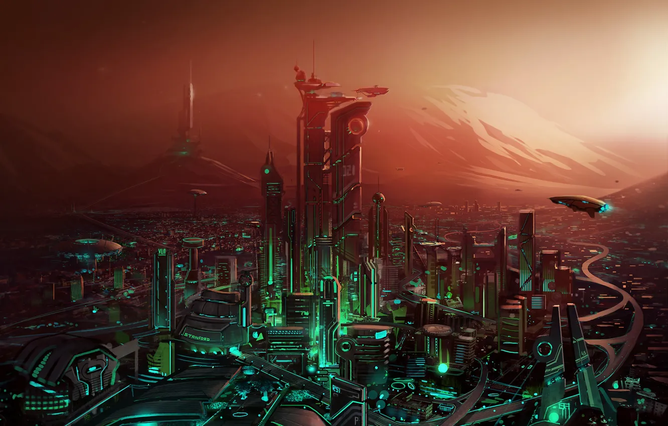 Photo wallpaper the city, fiction, graphics, painting, the city of the future, fences