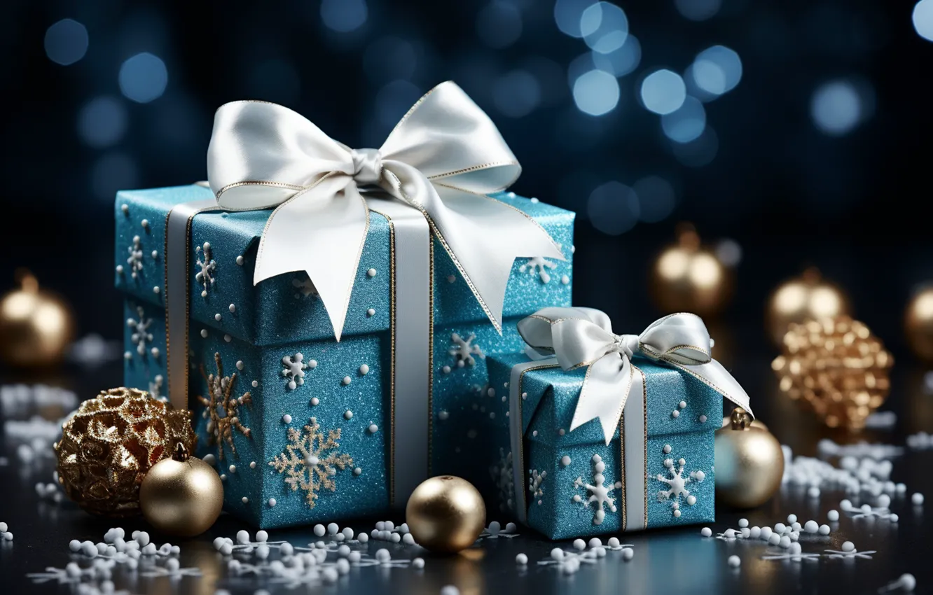 Photo wallpaper winter, snow, decoration, snowflakes, gift, balls, new year, Christmas