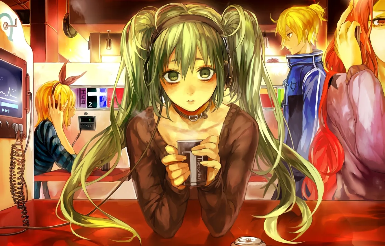 Photo wallpaper girl, music, wire, headphones, art, guy, vocaloid, hatsune miku