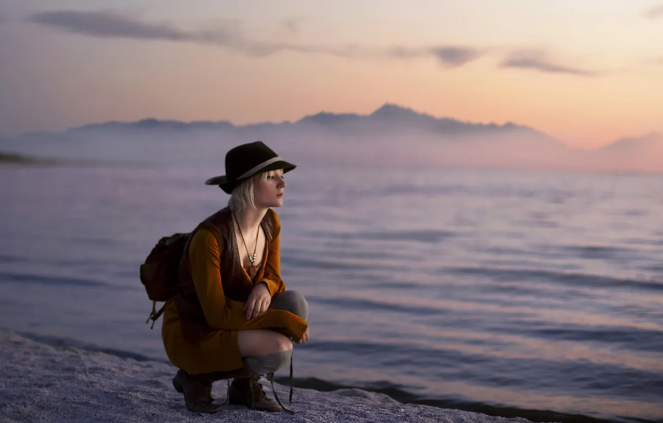 Photo wallpaper sea, girl, sunset