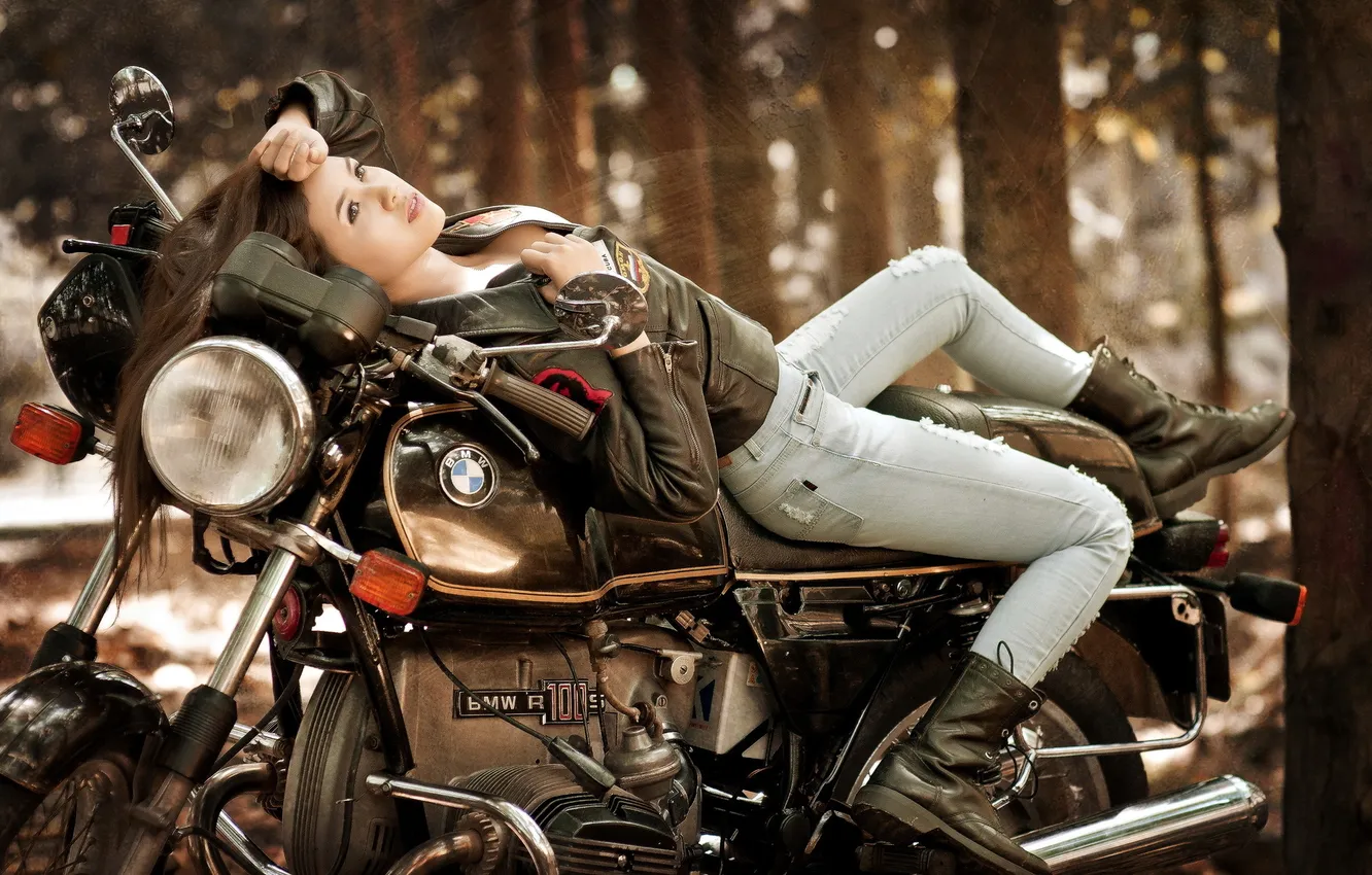 Photo wallpaper girl, BMW, motorcycle