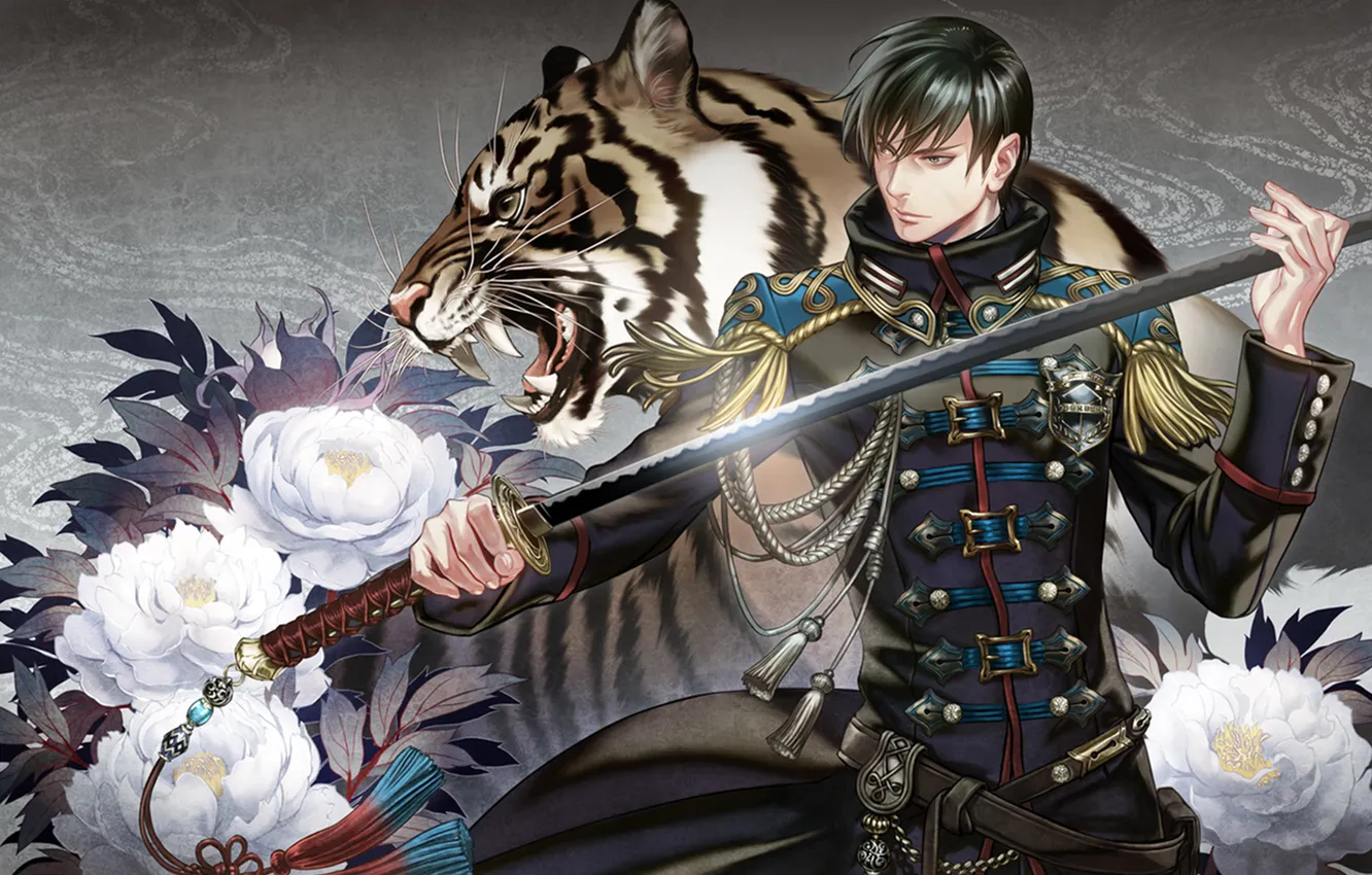 Photo wallpaper flowers, tiger, sword, katana, male, form