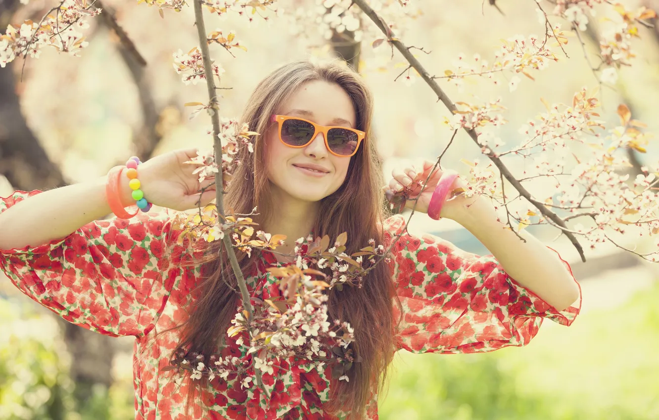 Photo wallpaper girl, decoration, trees, flowers, branches, nature, smile, background