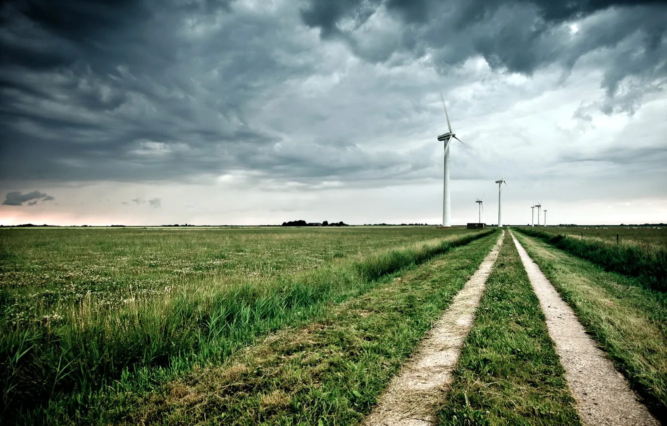 Photo wallpaper road, field, windmills