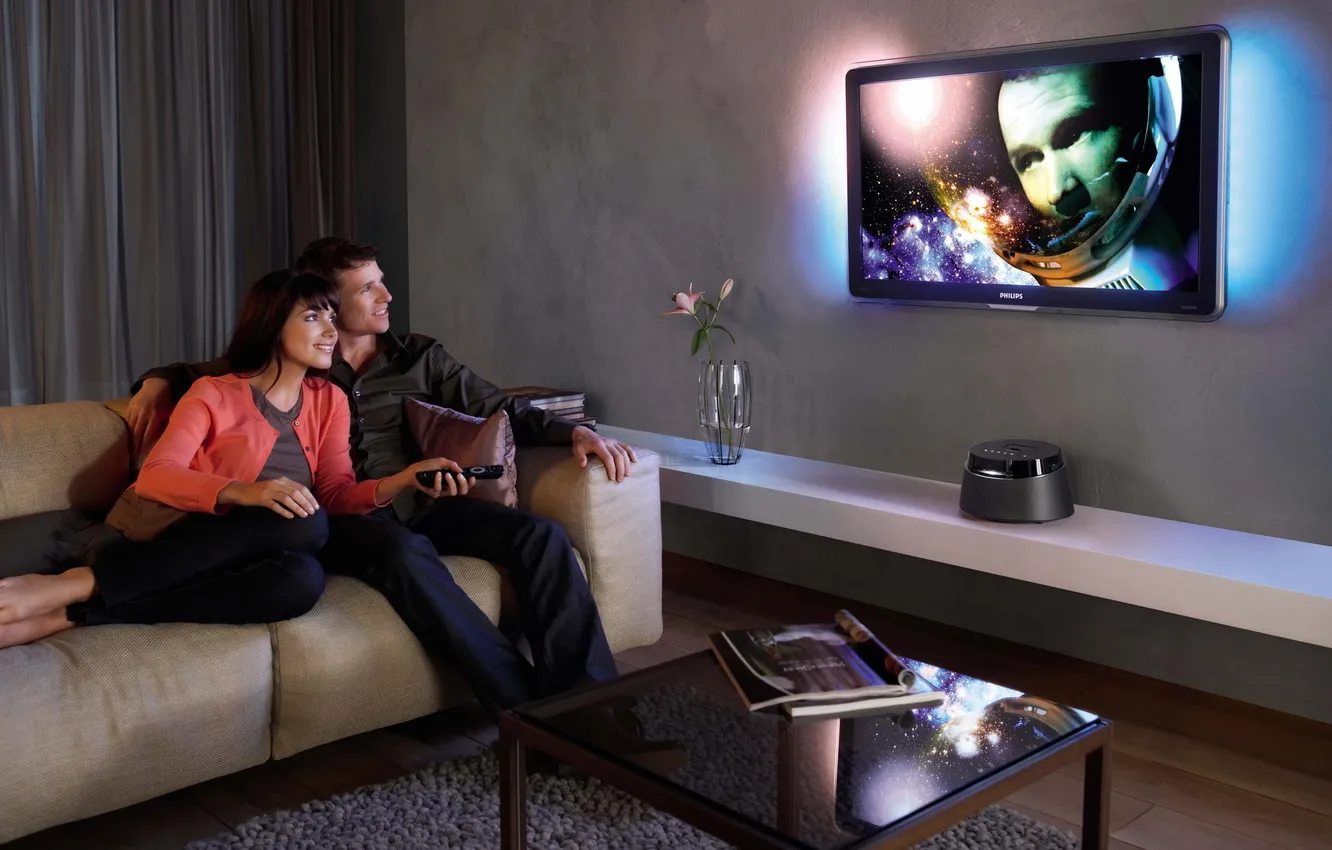 Photo wallpaper smile, sofa, movie, TV, pair, remote, vase, table