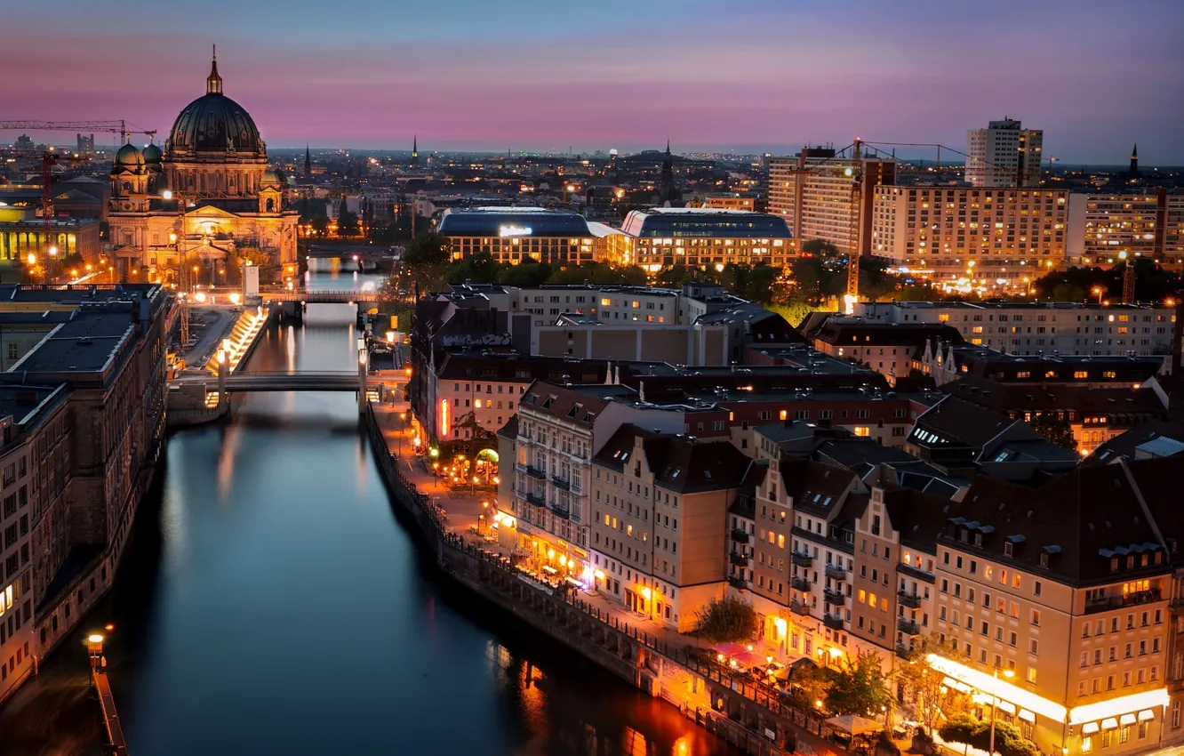 Photo wallpaper light, the city, lights, river, building, home, the evening, Germany