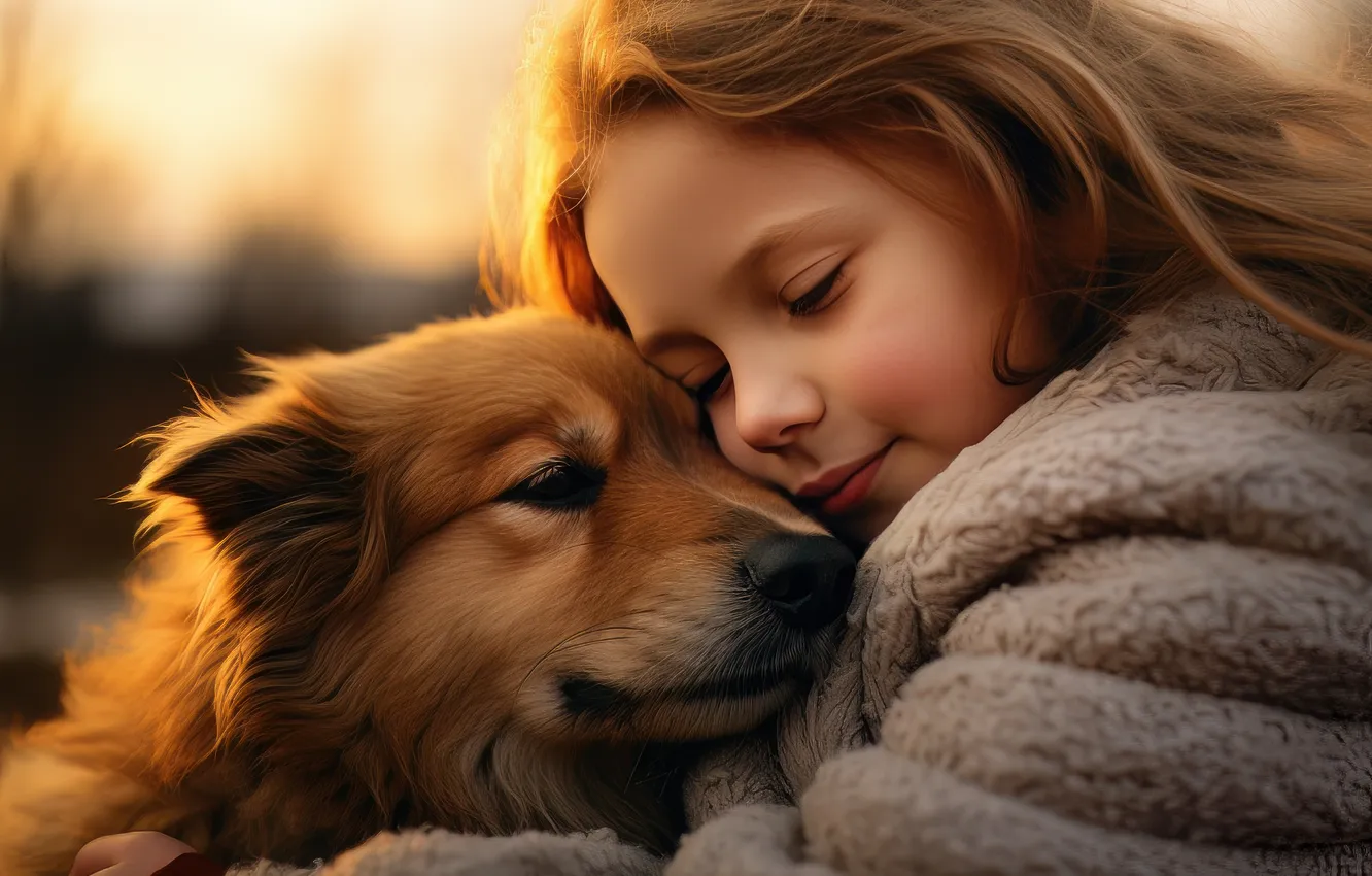 Photo wallpaper children, each, portrait, dog, girl, weasel, closed eyes, pet