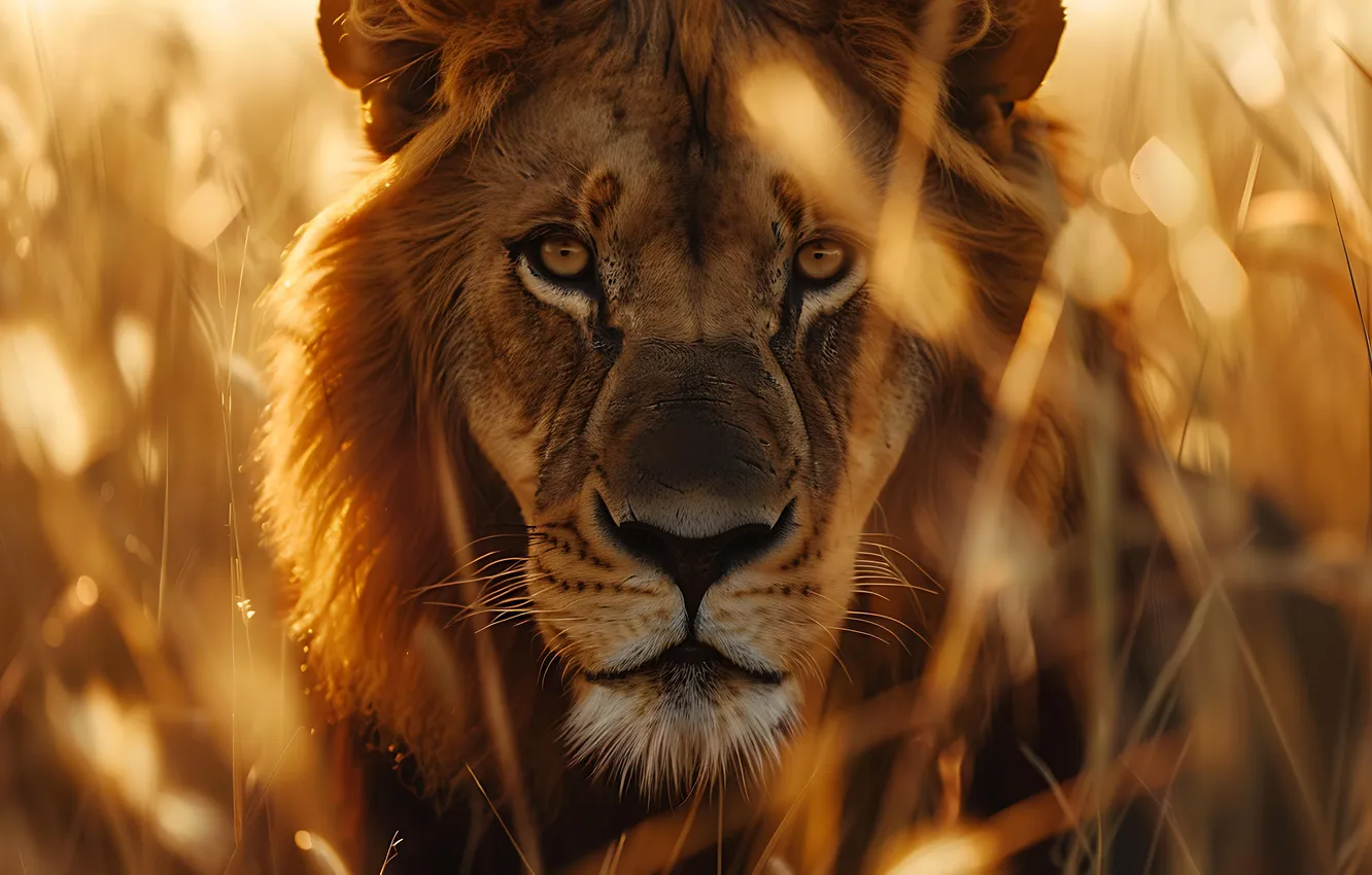 Photo wallpaper grass, look, face, light, Leo, bokeh, AI art, neural network