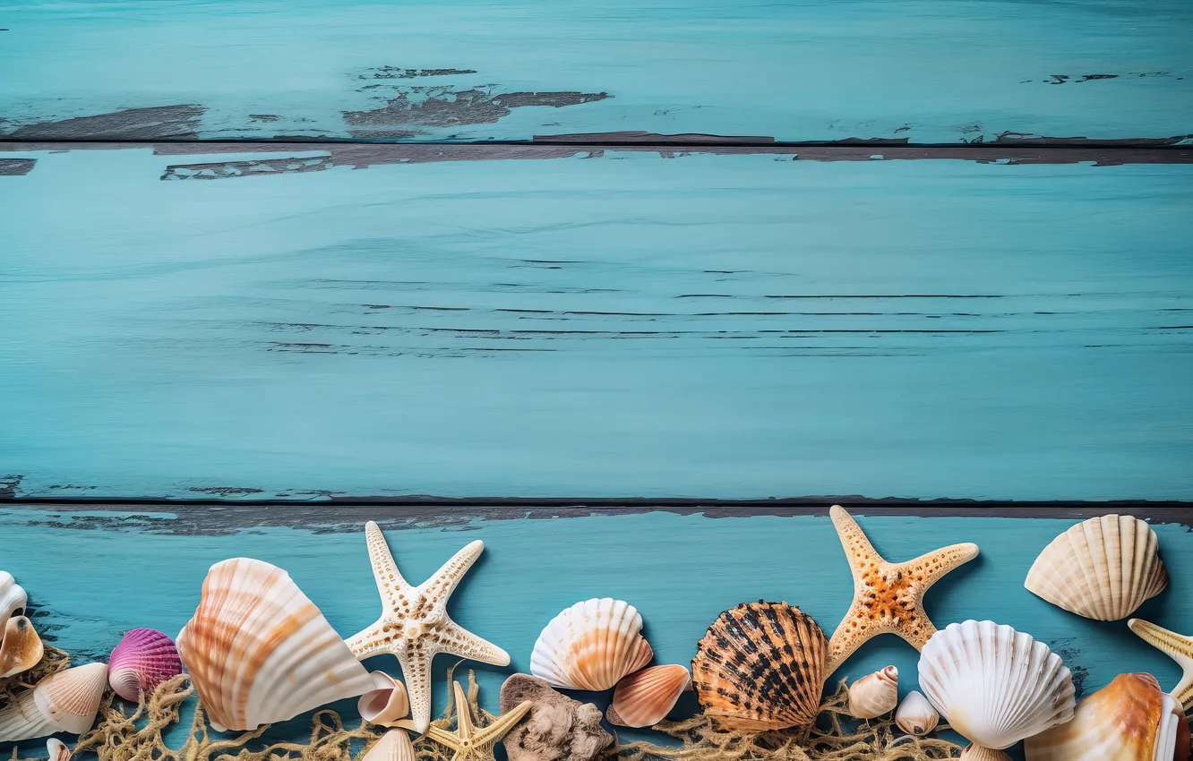 Photo wallpaper Board, shell, shell, starfish, blue background, composition, AI art, neural network