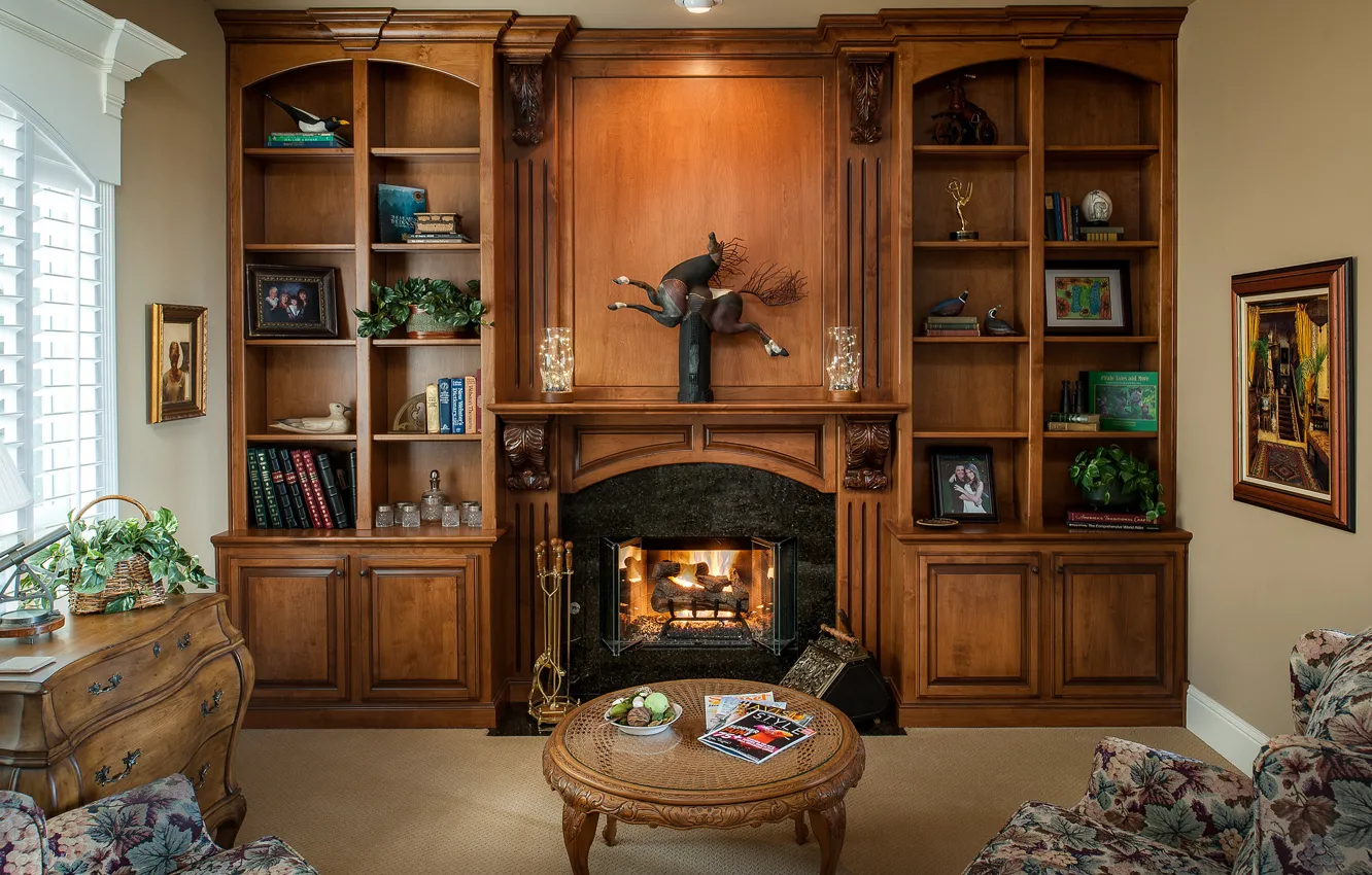 Photo wallpaper furniture, books, fireplace, office, table, decor