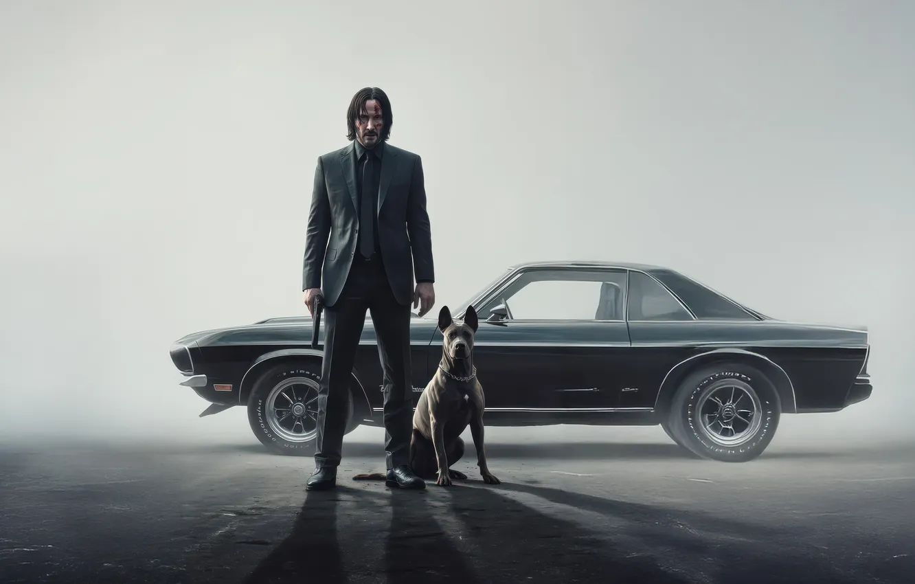 Photo wallpaper car, gun, dog, man, Dodge Charger, assasin, Keanu Reeves, suit