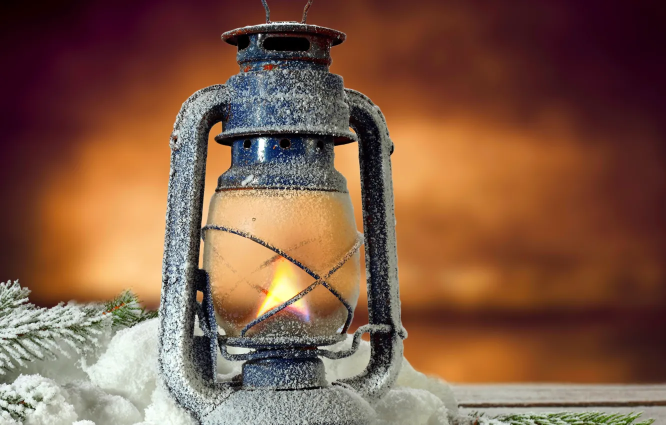 Photo wallpaper flame, lamp, lantern, light, flame, vintage, snow, lamp