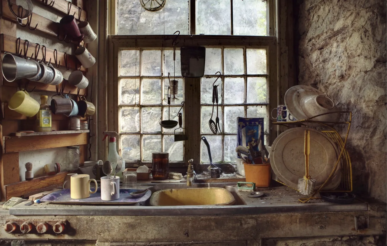 Photo wallpaper window, kitchen, dishes