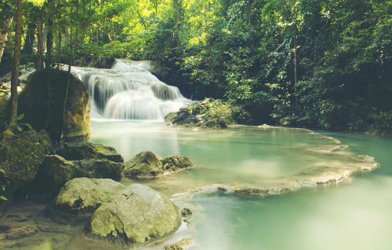 Photo wallpaper forest, landscape, river, rocks, waterfall, summer, Thailand, forest
