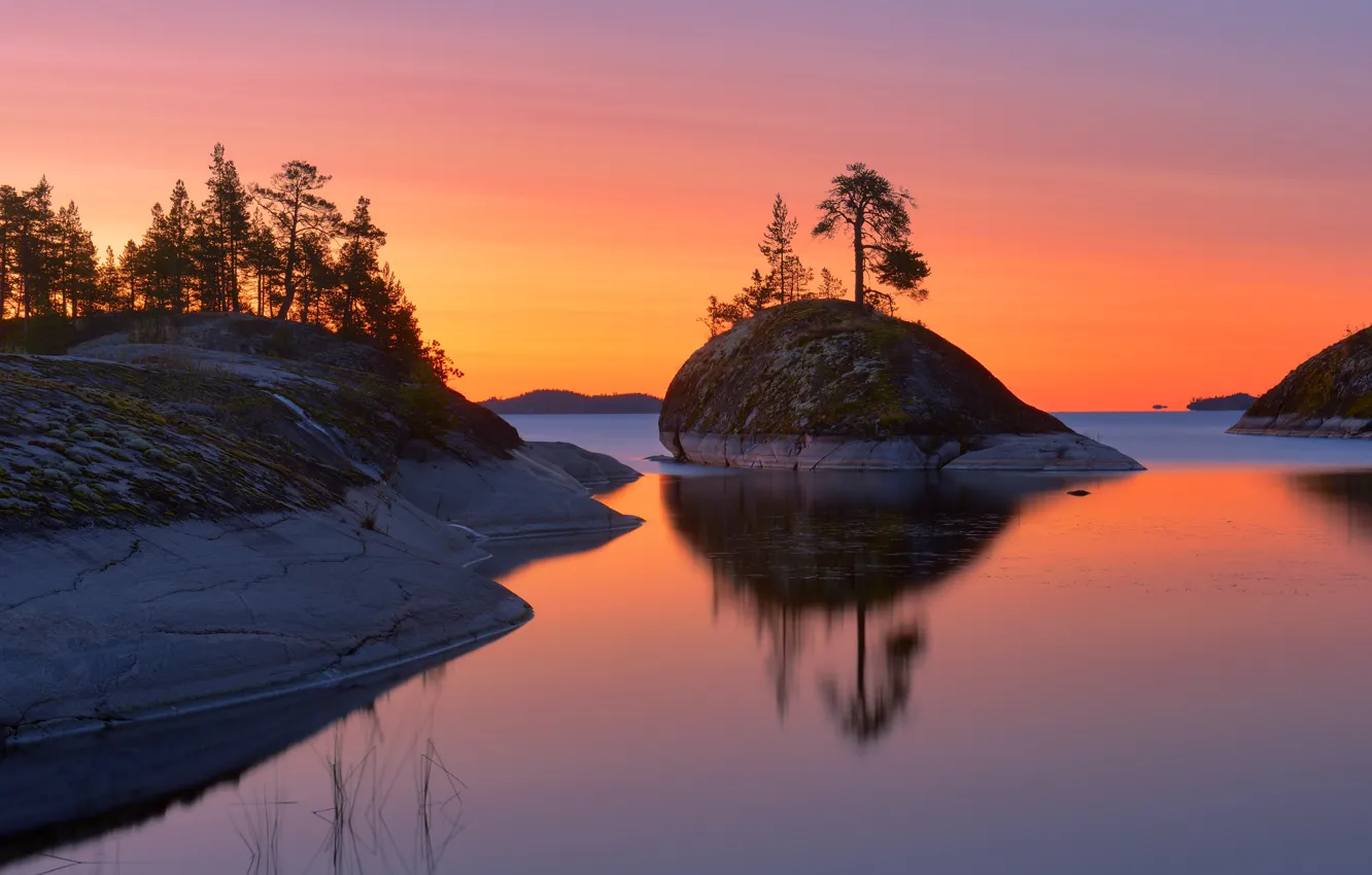 Photo wallpaper trees, landscape, sunset, nature, lake, stones, dawn, Lake Ladoga