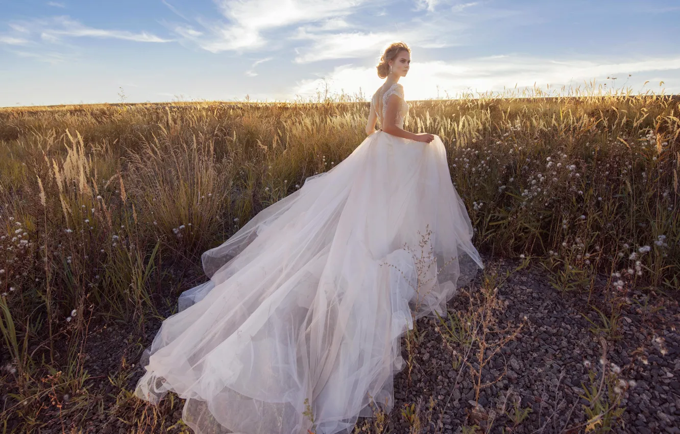 Photo wallpaper field, grass, style, model, dress, the bride