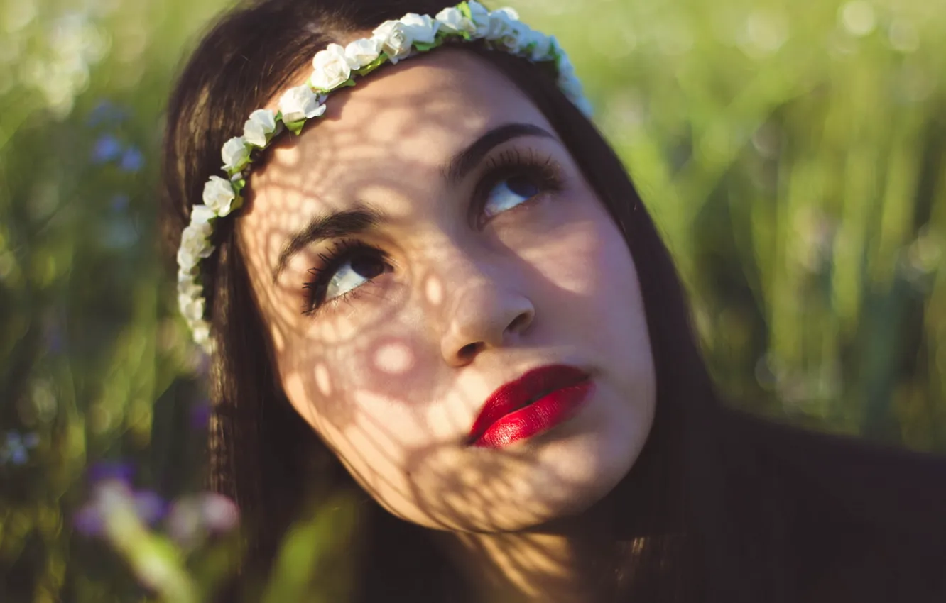 Photo wallpaper grass, eyes, girl, close-up, face, brunette, wreath, red lips