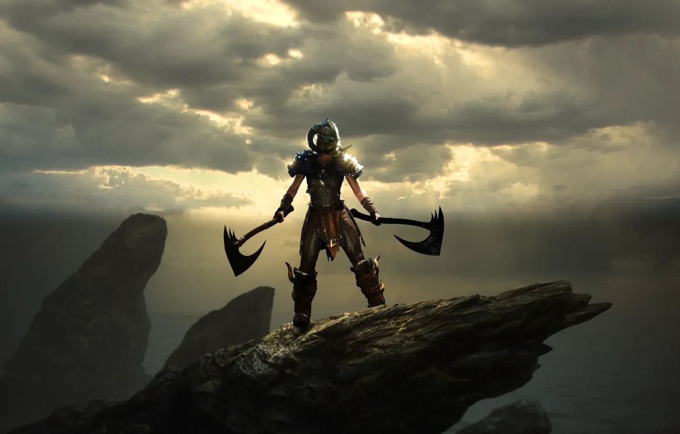 Photo wallpaper rocks, warrior, axe, Video Game, Action-adventure, Human Head Studios, Rune II