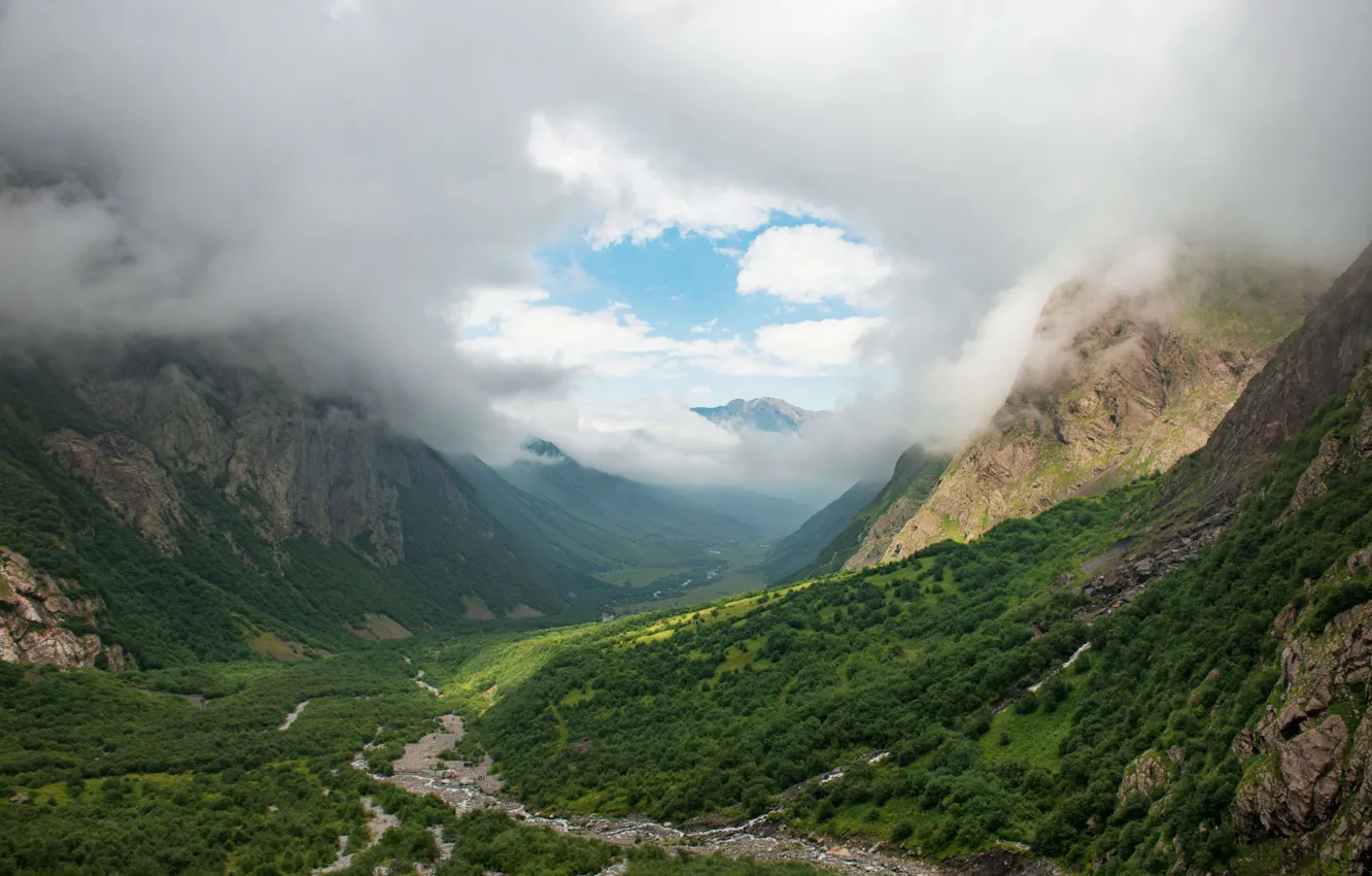 Photo wallpaper clouds, mountains, North Ossetia - Alania, Midagraba Waterfalls