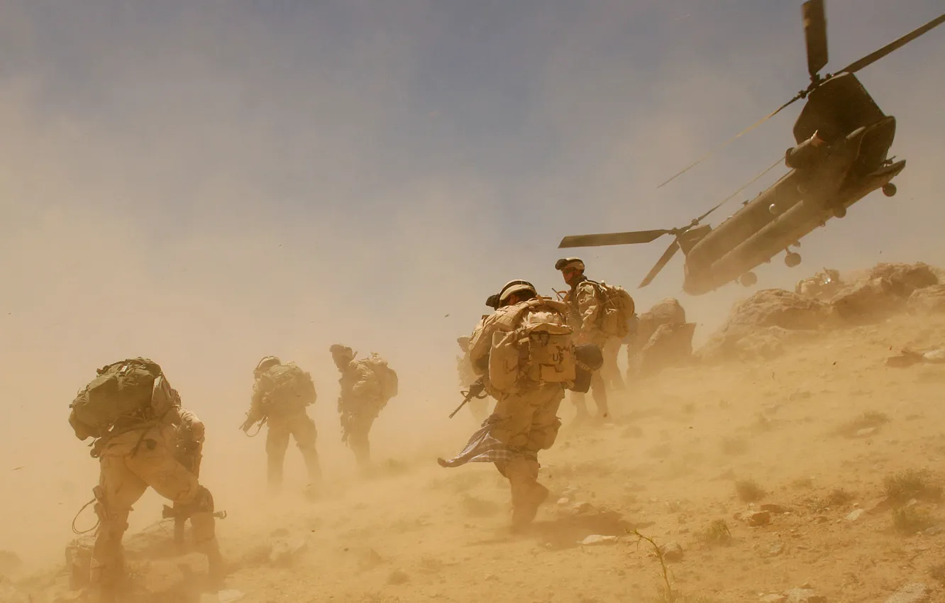 Photo wallpaper the wind, dust, helicopter, soldiers, Afghanistan