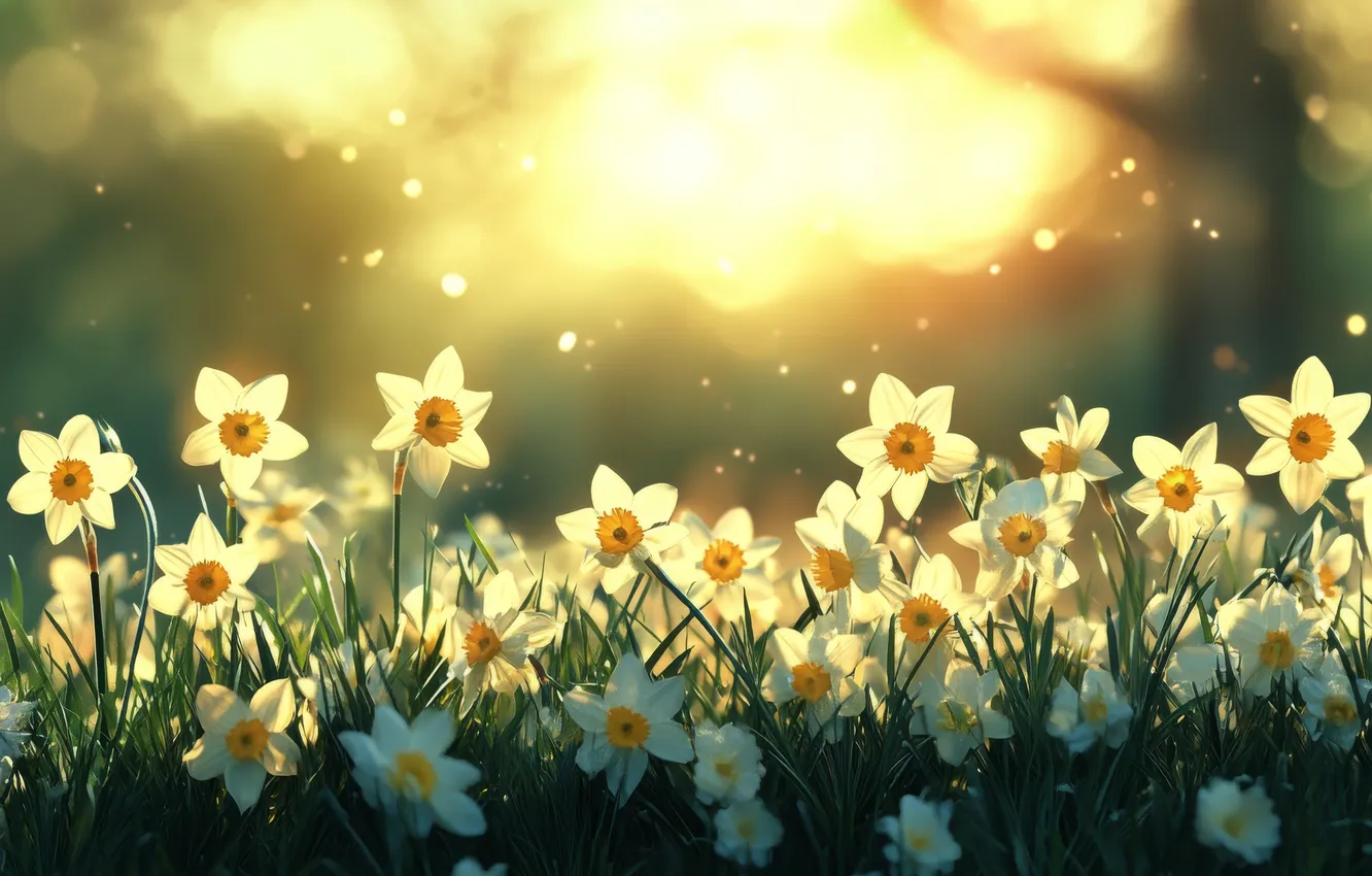 Photo wallpaper the sun, rays, light, flowers, nature, glade, spring, white