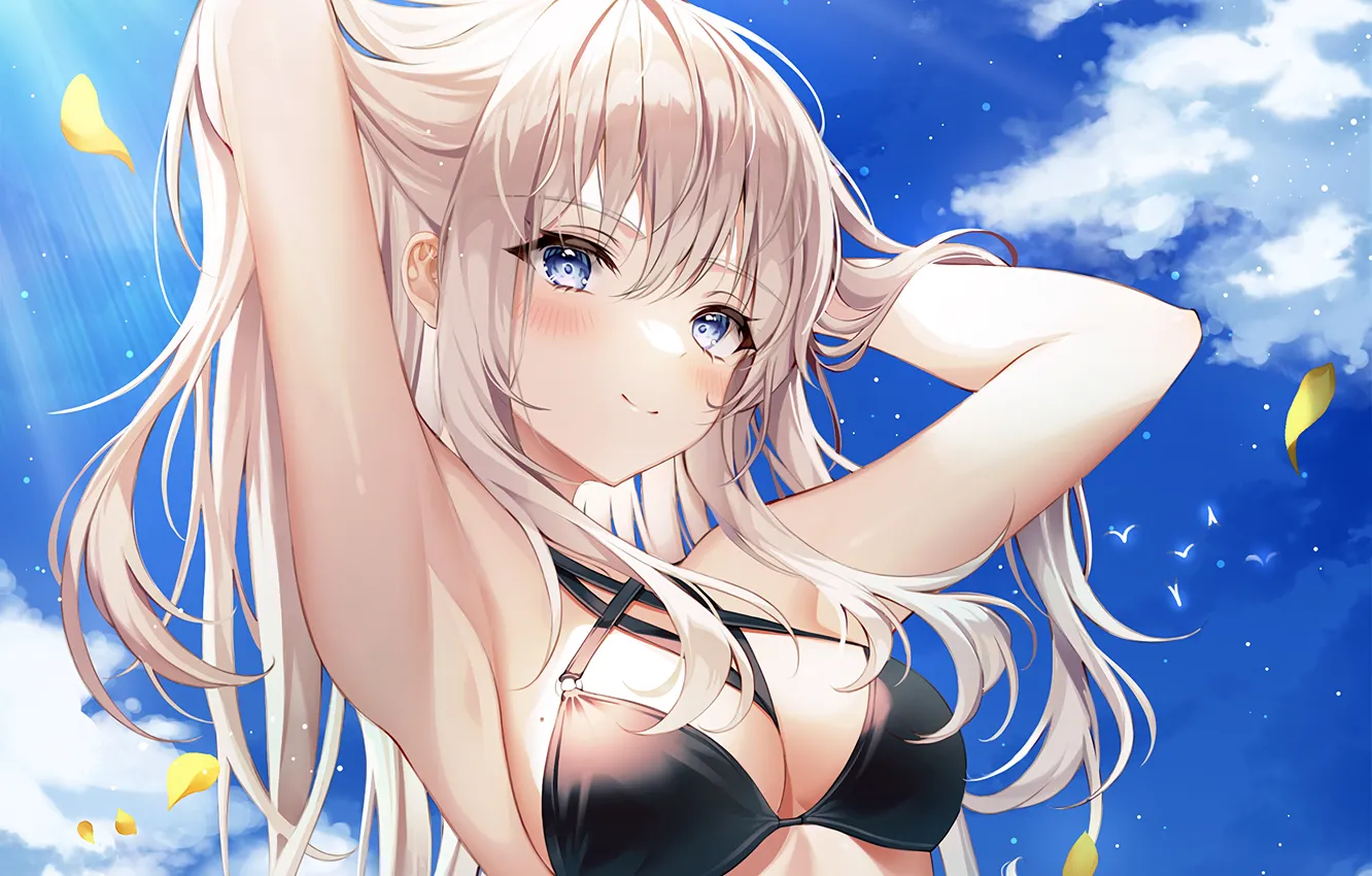 Photo wallpaper girl, sexy, cleavage, long hair, boobs, anime, blue eyes, beautiful