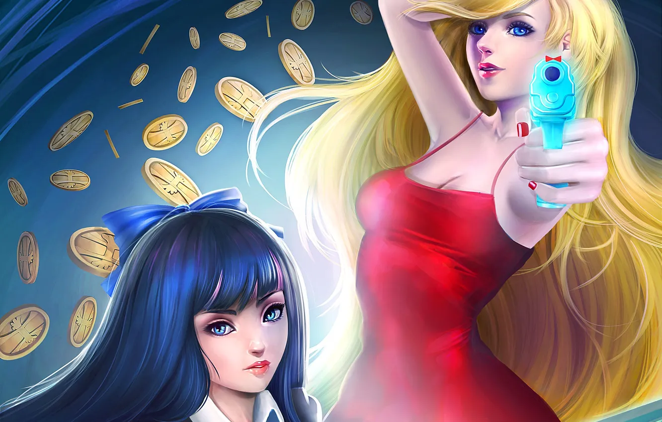 Photo wallpaper girl, gun, weapons, art, coins, Panty And Stocking With Garterbelt