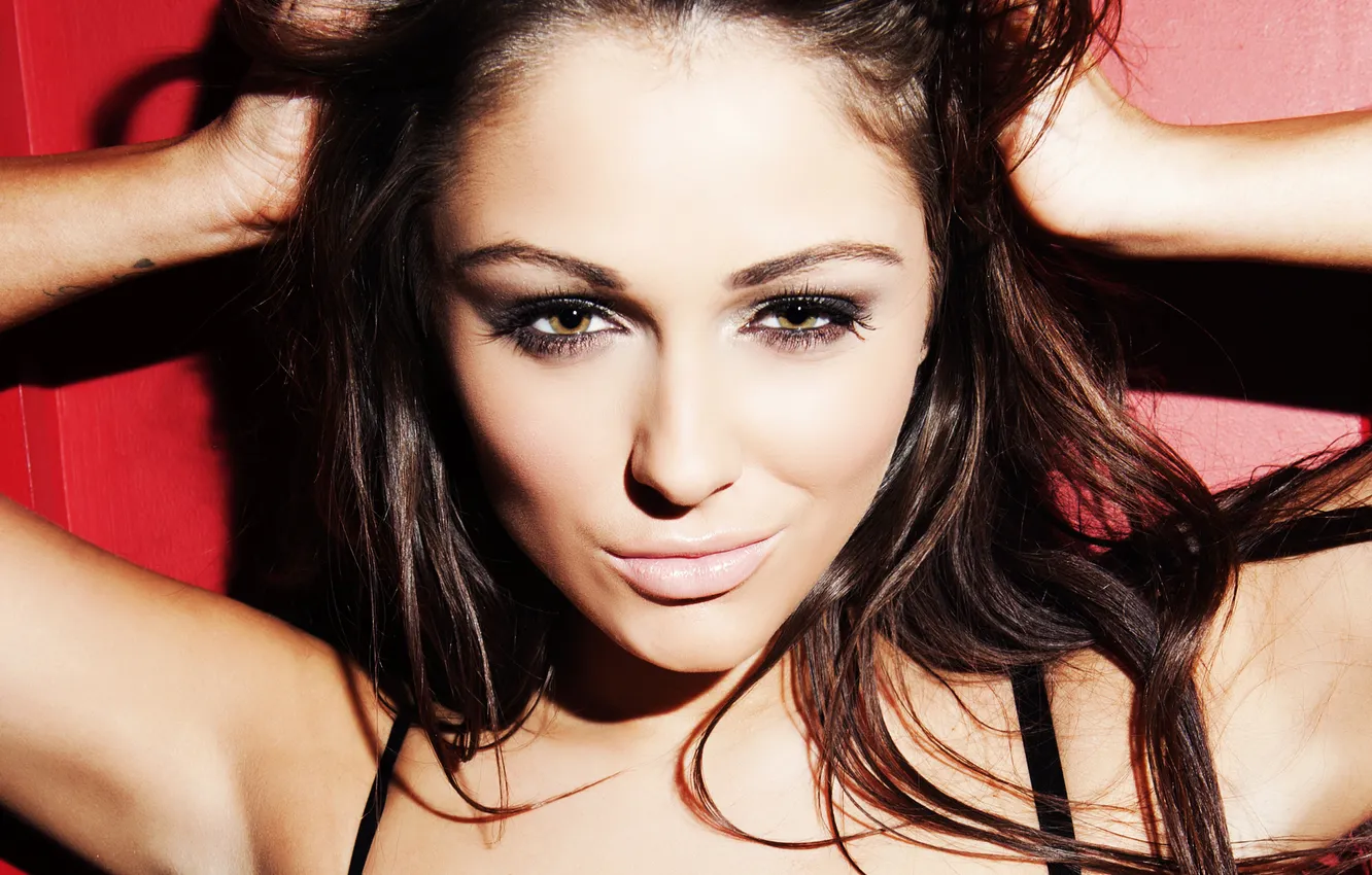 Photo wallpaper eyes, look, girl, face, smile, model, hair, brunette