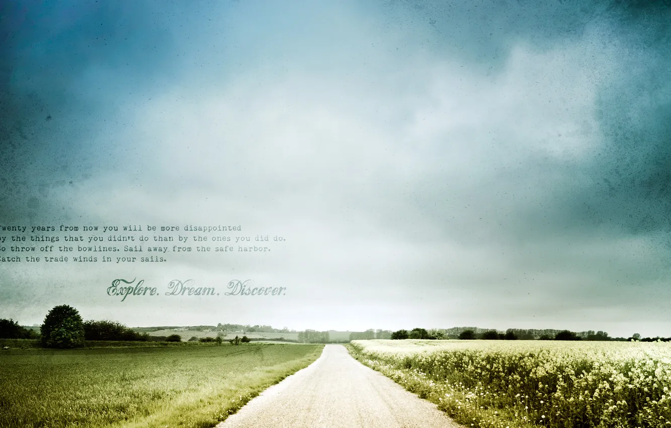 Photo wallpaper road, field, trees, text, mood, the inscription