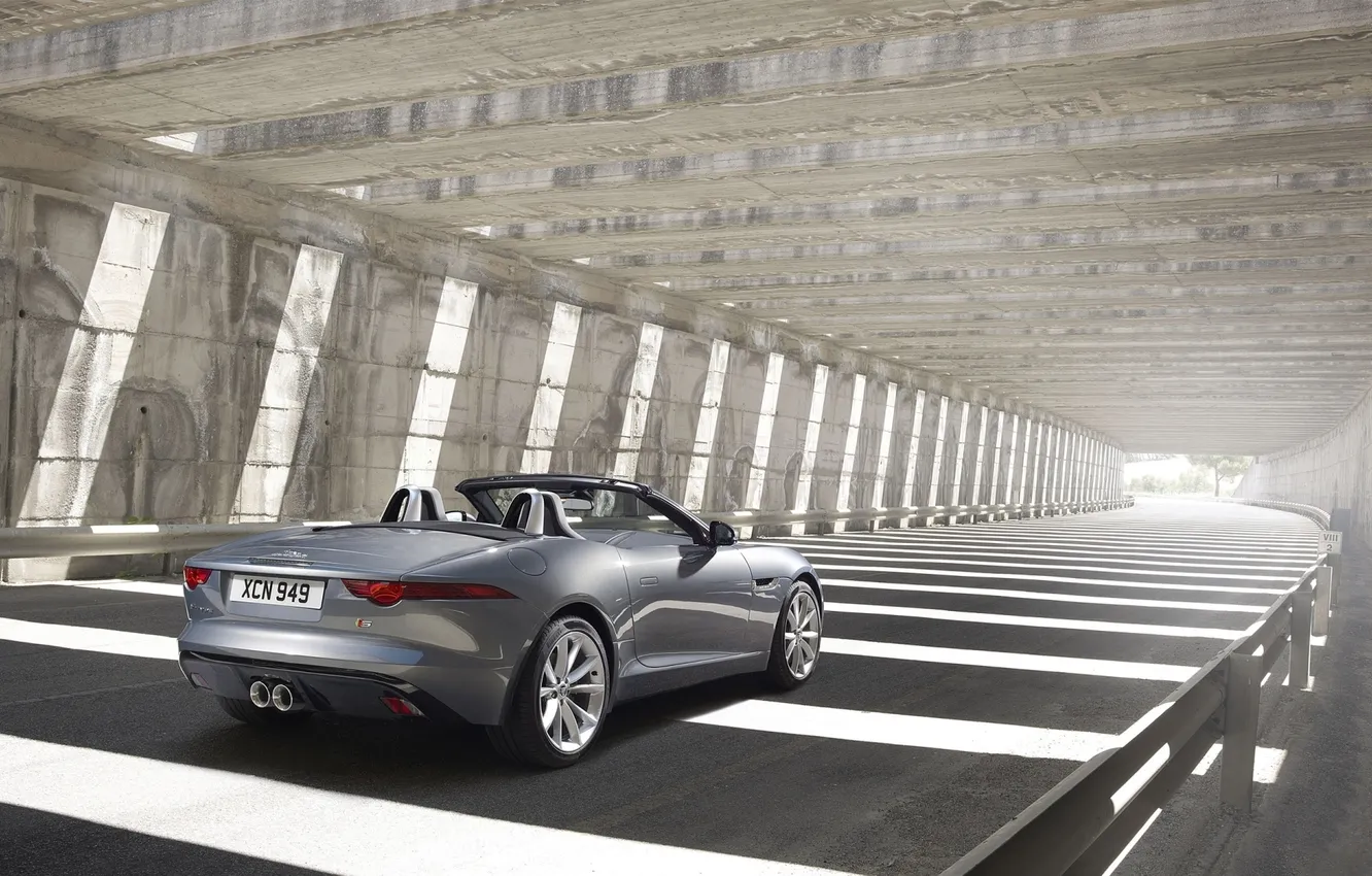 Photo wallpaper background, Jaguar, silver, Jaguar, the tunnel, Roadster, rear view, F-tayp