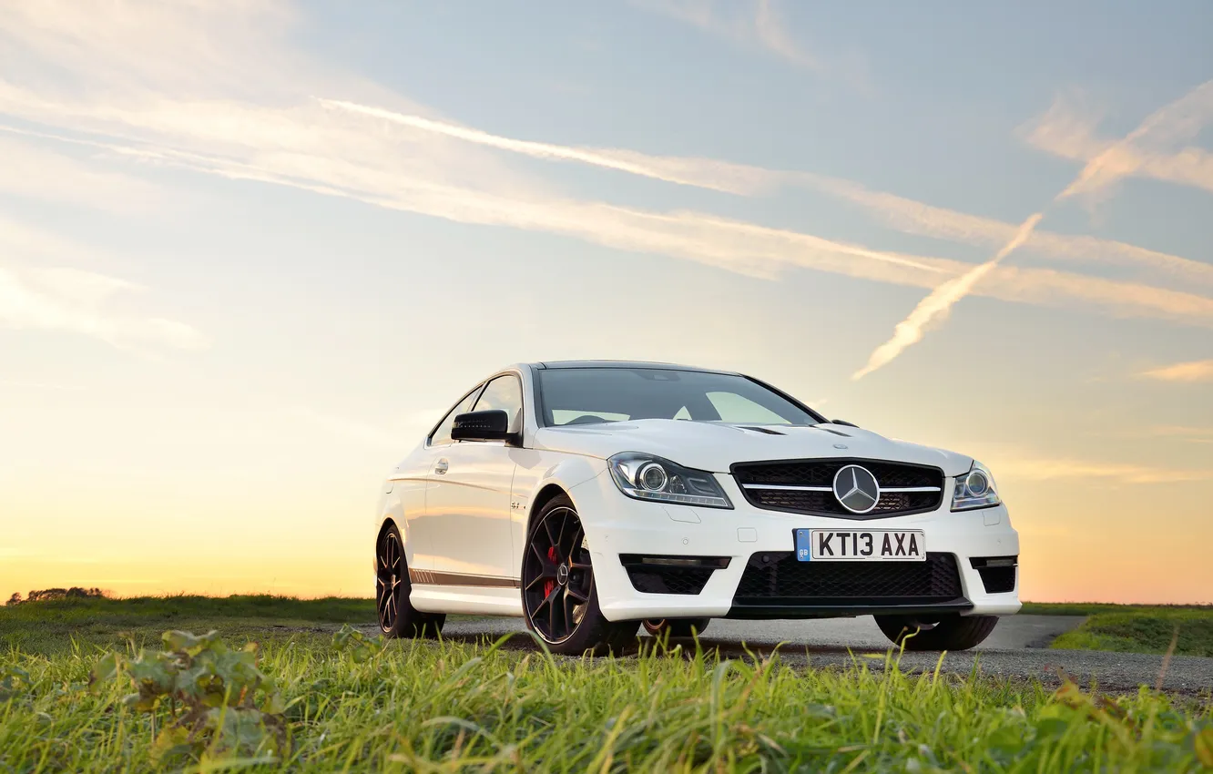 Photo wallpaper Mercedes-Benz, white, Front, AMG, C63, 507, C-Class, Edition