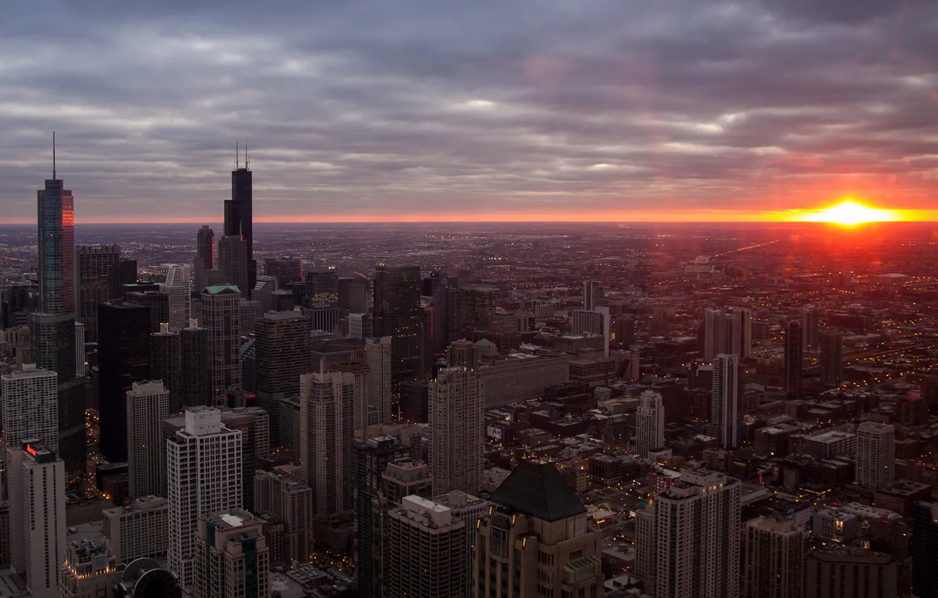Photo wallpaper sunset, city, the city, skyscrapers, Chicago, USA, sunset, usa
