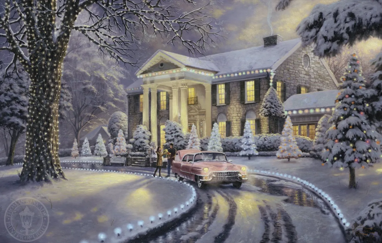 Photo wallpaper frost, car, machine, snow, lights, lights, house, retro