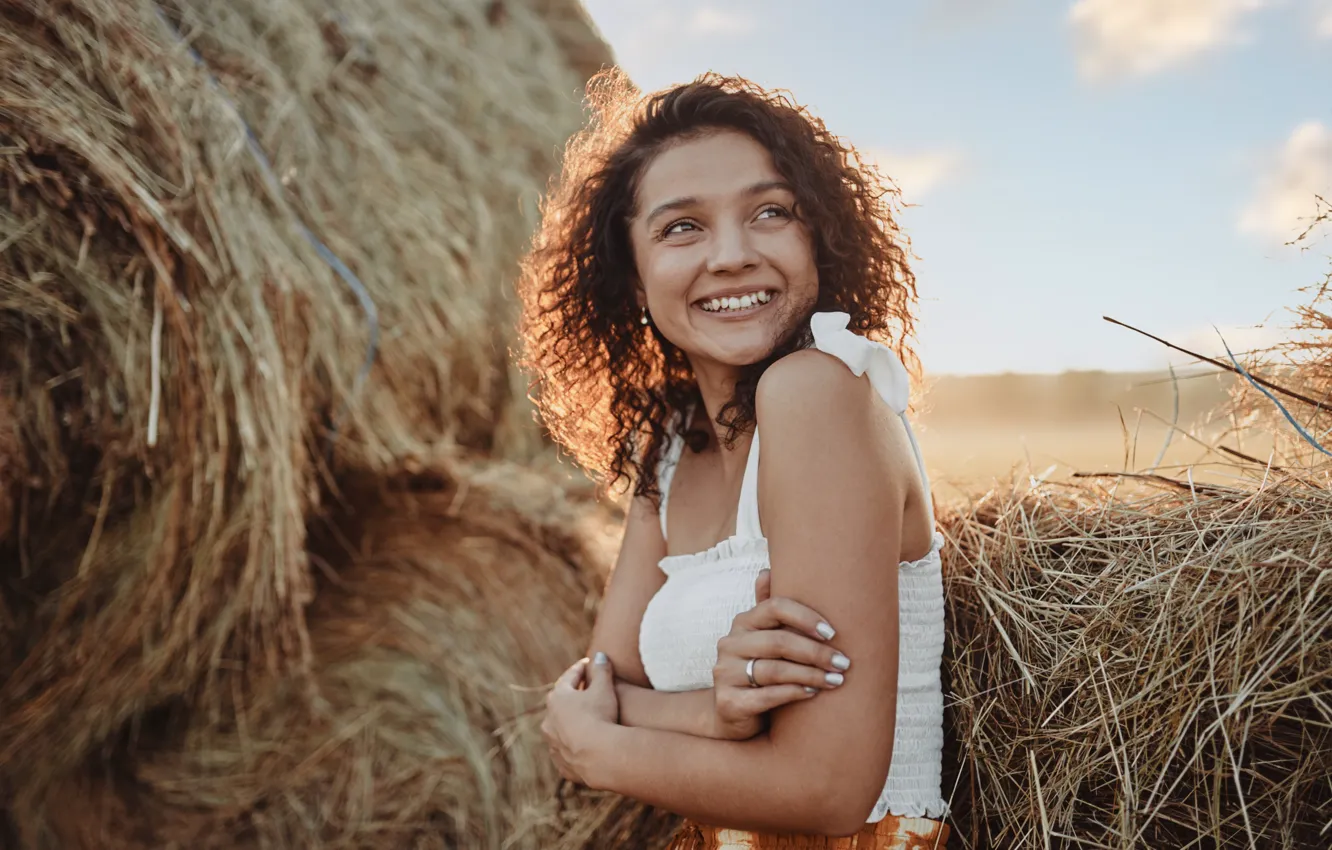 Photo wallpaper field, girl, nature, smile, hay, brown hair, curls, Denis After all
