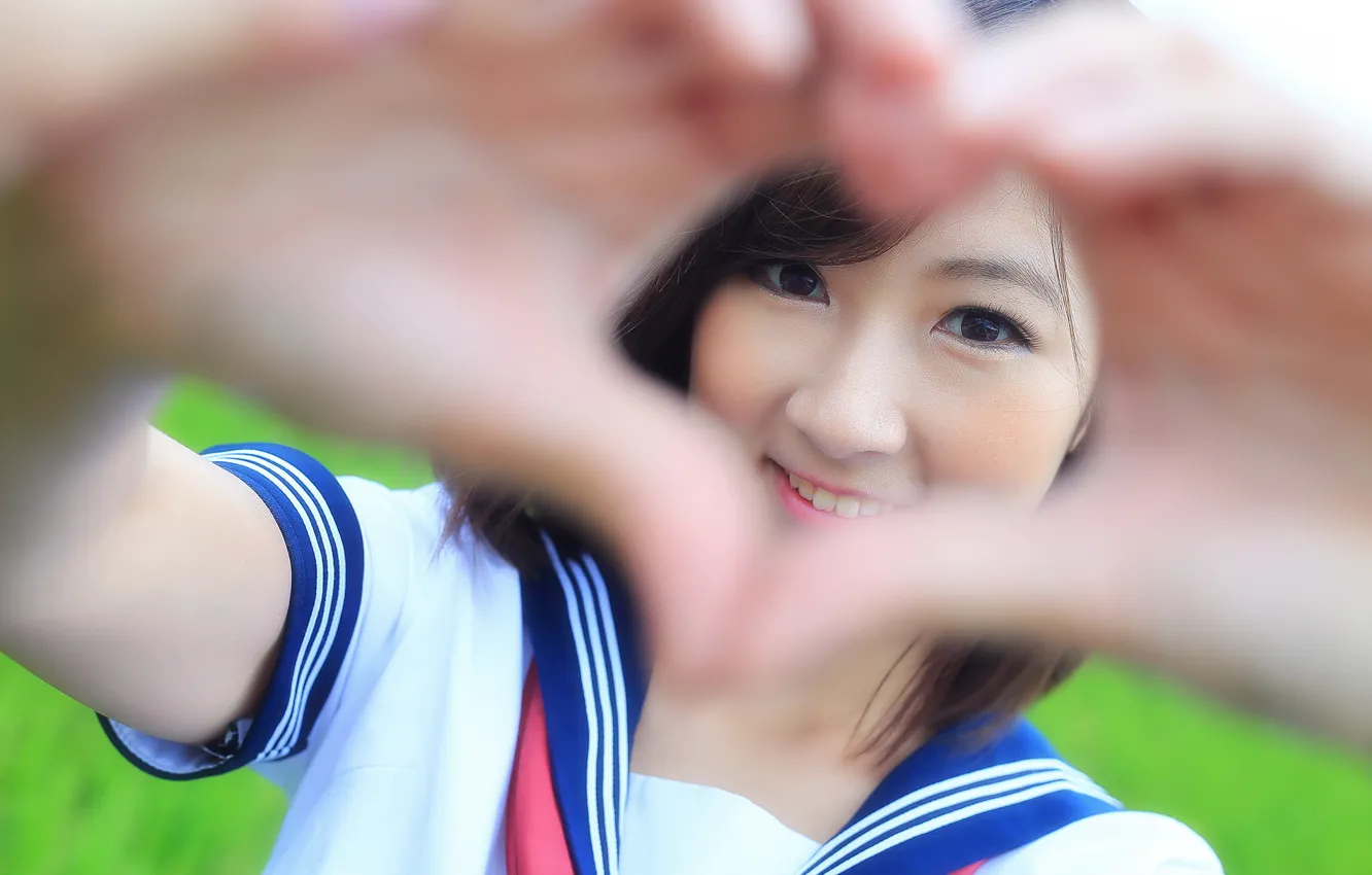 Photo wallpaper look, girl, face, sign, hands, hearts