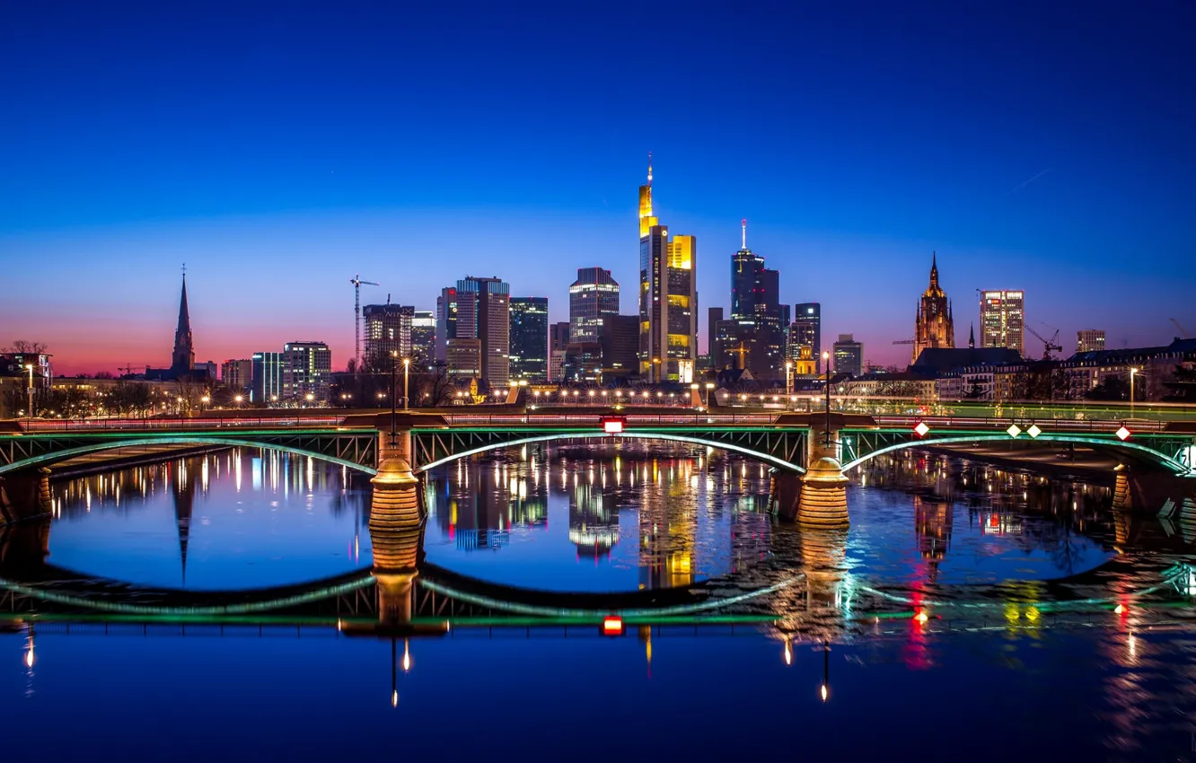 Photo wallpaper city, German, river, bridge, Frankfurt, Germany, water, city lights