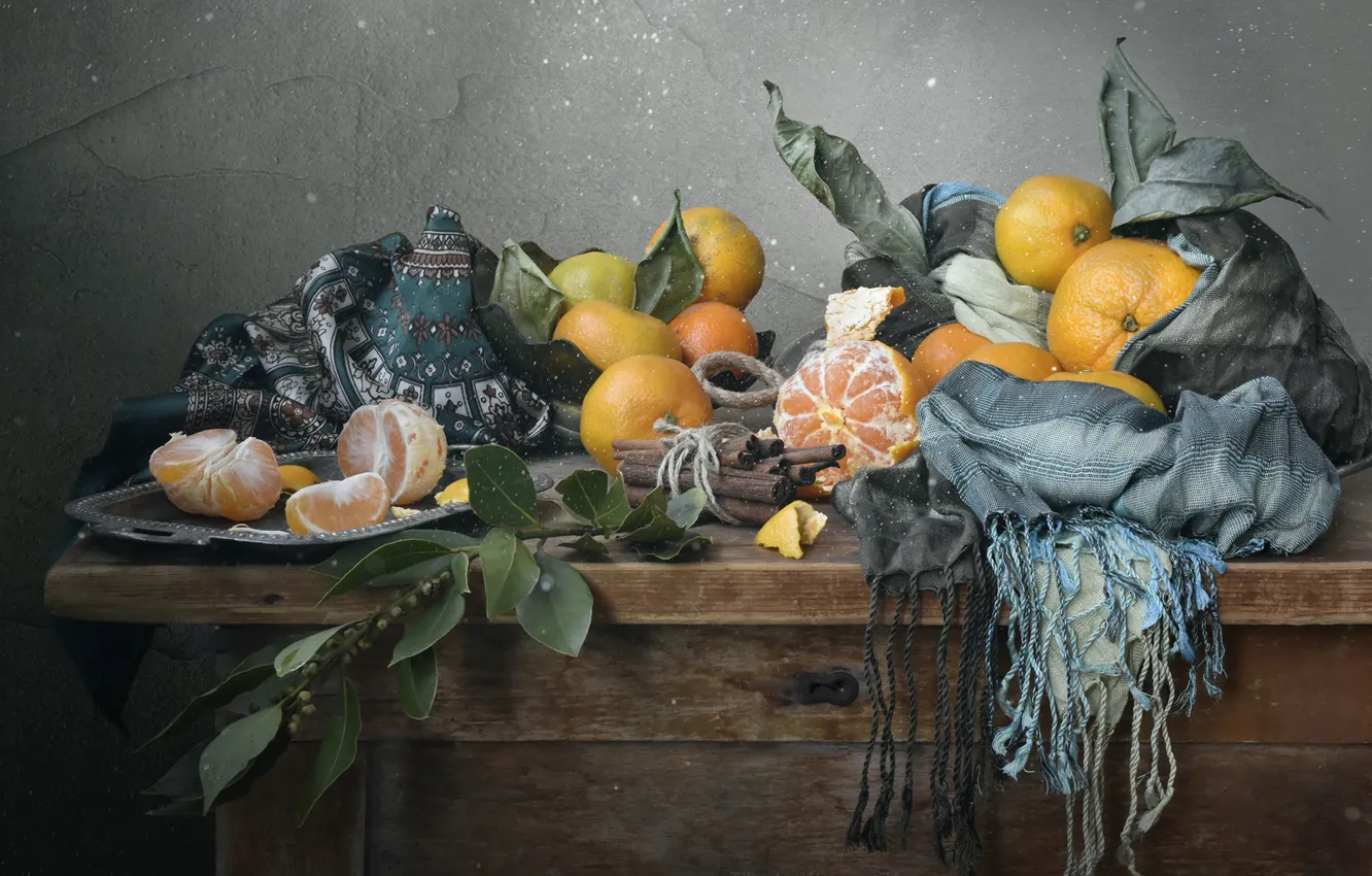 Photo wallpaper leaves, still life, shawl, tangerines, Irina Shipunova