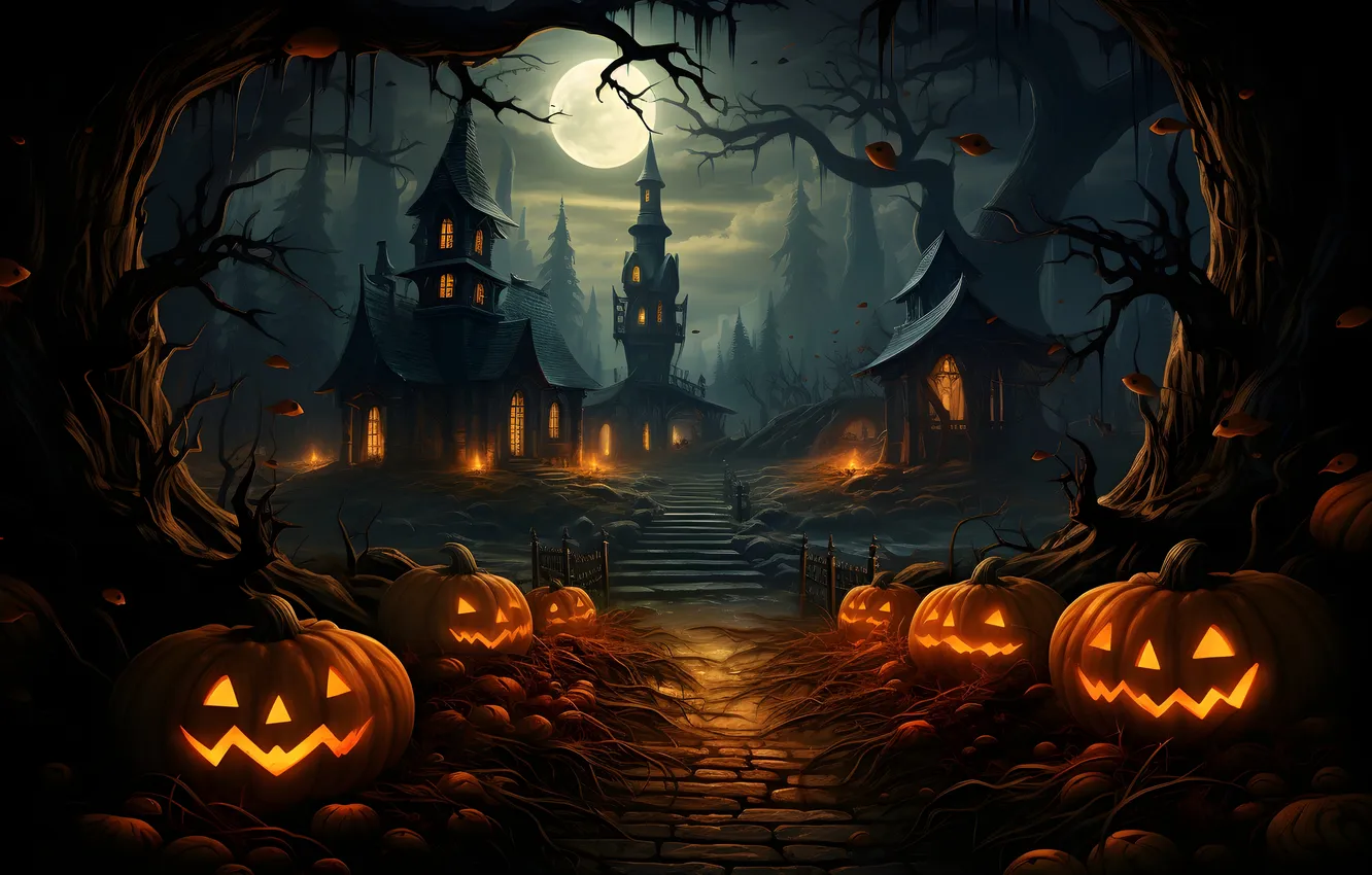 Photo wallpaper trees, night, clouds, lights, the moon, home, Halloween, pumpkin