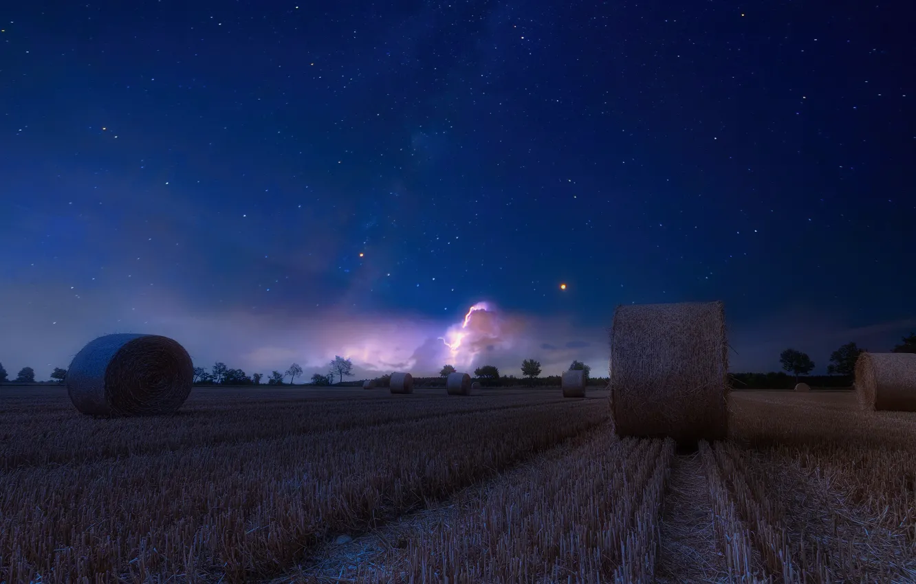 Photo wallpaper field, stars, night, hay, bales, straw, bales
