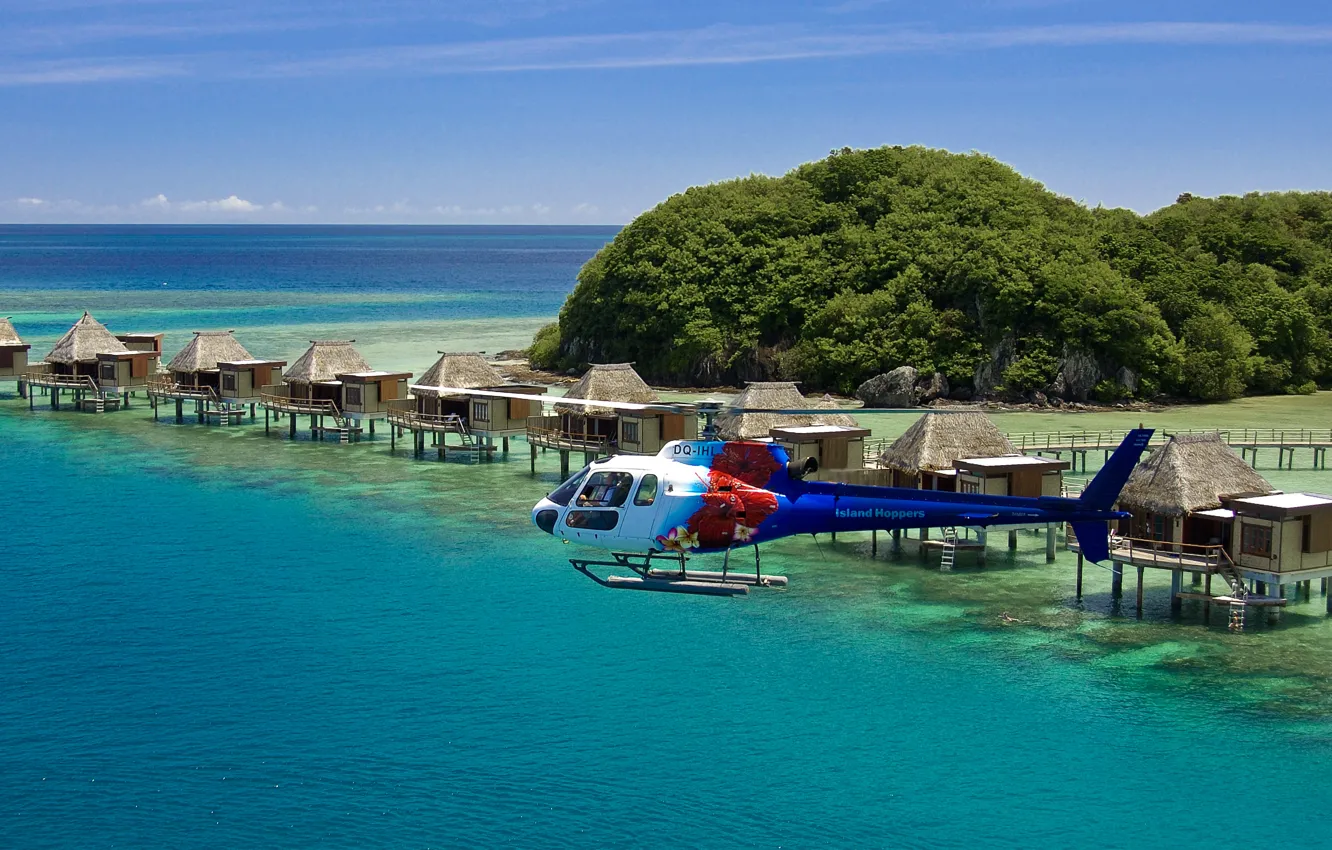 Photo wallpaper the ocean, shore, the hotel, helicopter