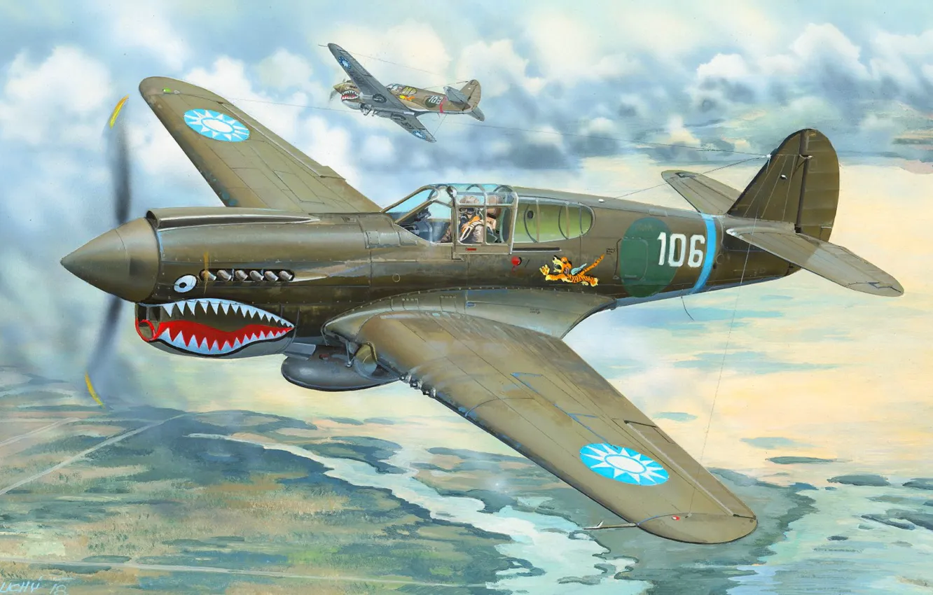 Photo wallpaper Fighter, P-40, Warhawk, Combat aircraft, Flying Tigers, P-40E