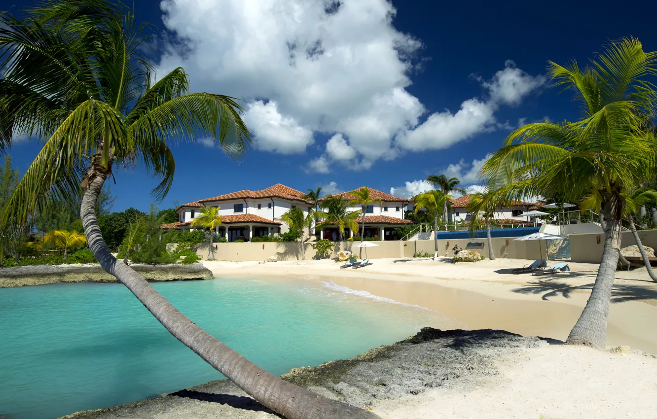 Photo wallpaper beach, palm trees, the ocean, resort, Villa