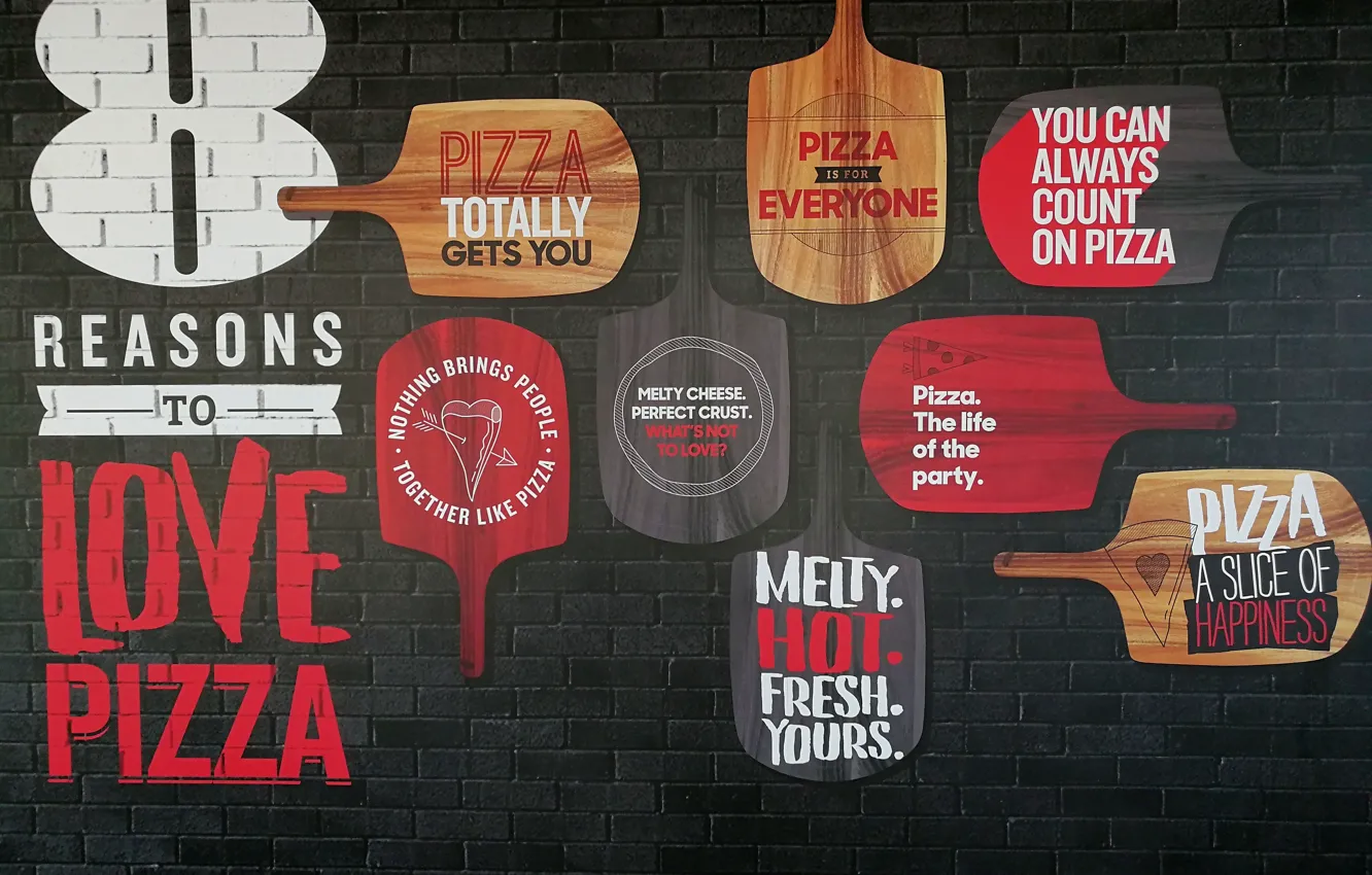 Photo wallpaper the inscription, pizza, different, cutting Board