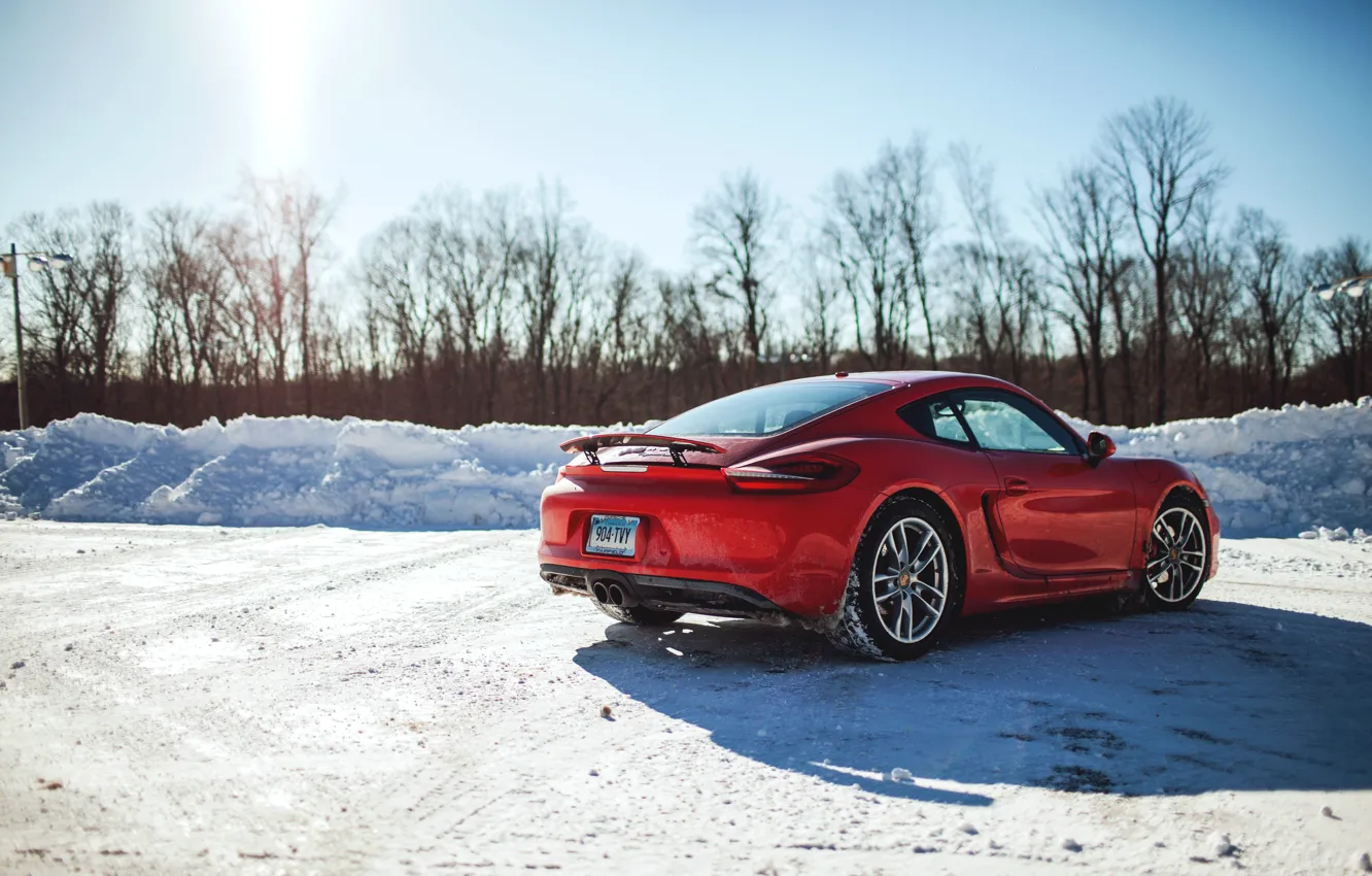 Photo wallpaper winter, snow, red, coupe, Porsche, red, Porsche, rear view