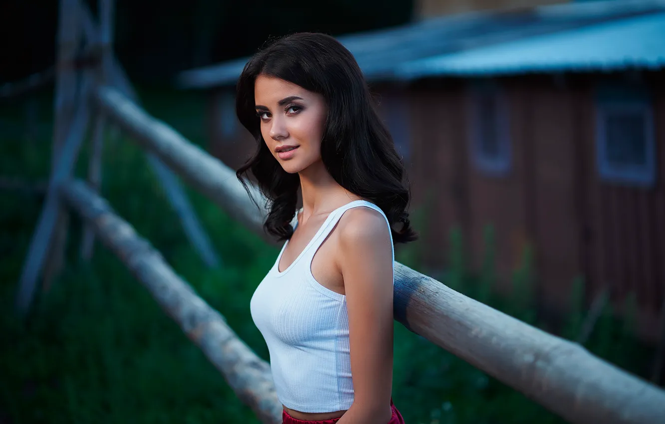 Photo wallpaper brunette, smiling, portrait, tank top, looking at viewer, women outdoors, sensual gaze, pink lipstick