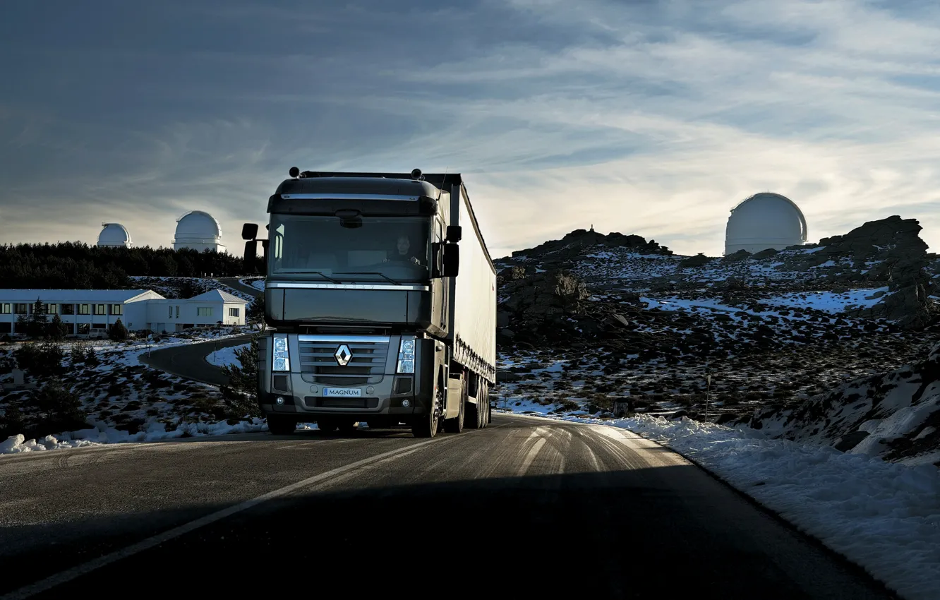 Photo wallpaper road, the sky, asphalt, snow, black, hills, truck, Renault