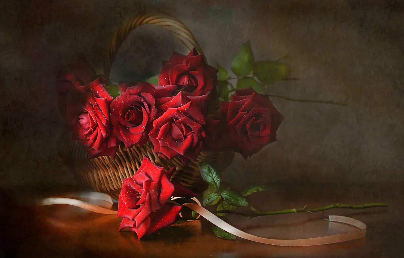 Photo wallpaper flowers, basket, roses, tape, still life